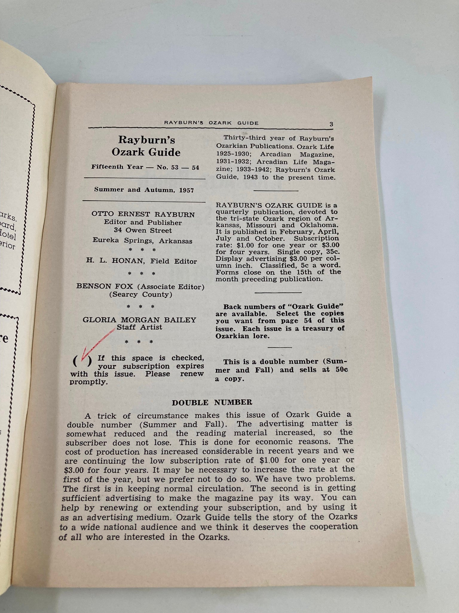 Interior page from Rayburn's Ozark Guide Magazine Autumn 1957, featuring the editorial and publication information for the double issue, highlighting contributions from Otto Ernest Rayburn, H.L. Honan, and several staff members.
