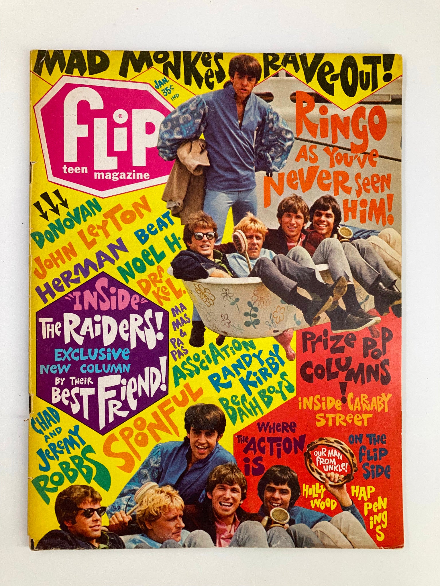 Cover of VTG Flip Teen Magazine January 1967 featuring Ringo Starr and other iconic musicians from the 60s music scene.