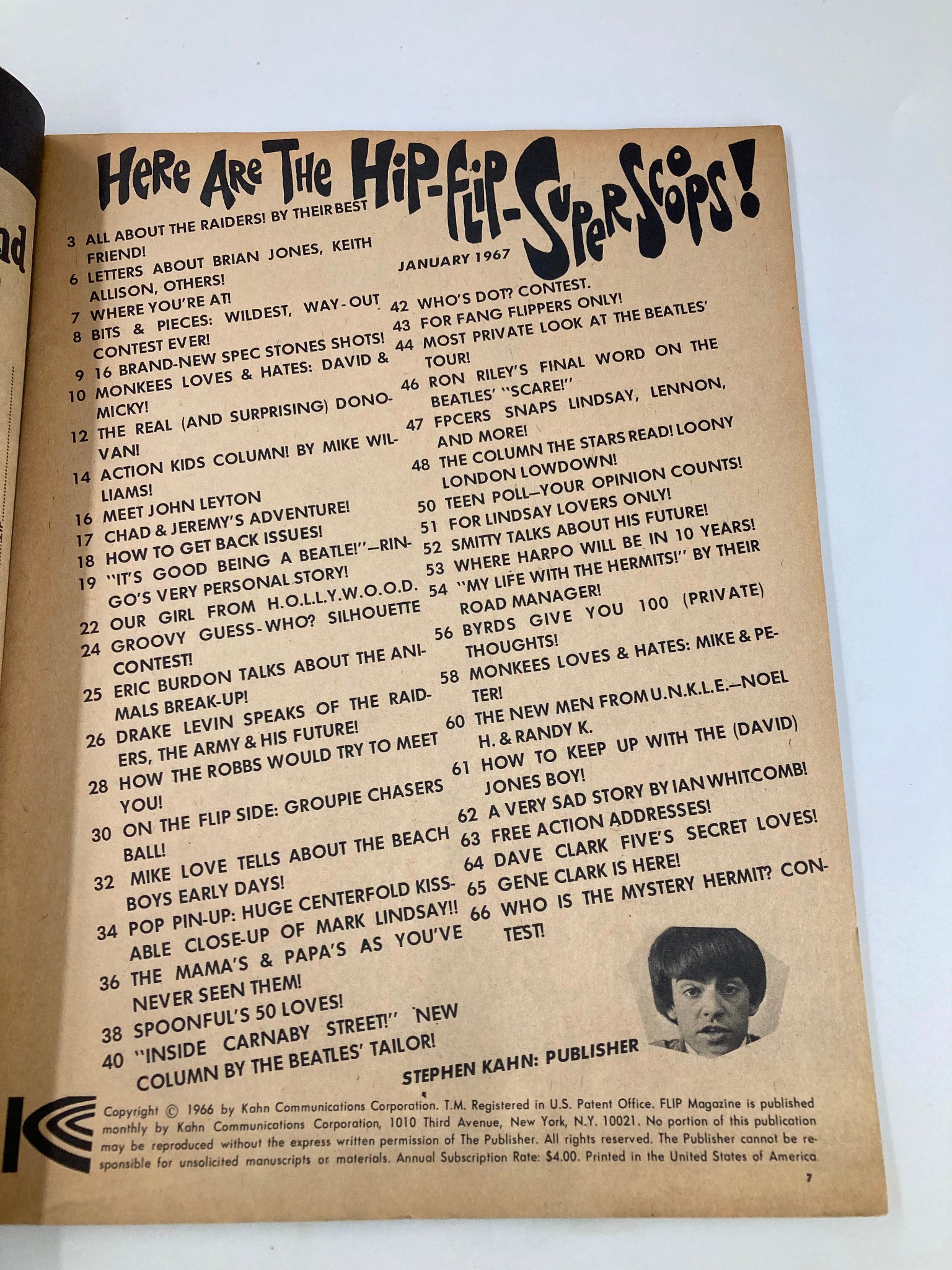 Table of contents from VTG Flip Teen Magazine January 1967 showcasing articles and features on popular musicians of the time.