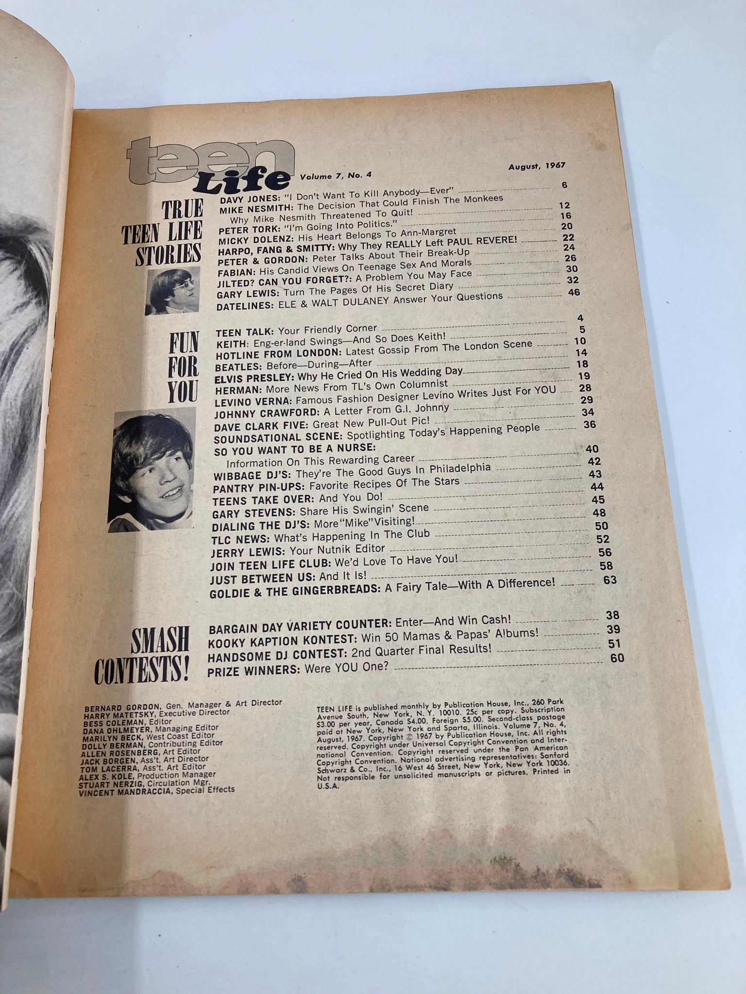 VTG Teen Life Magazine August 1967 Davy Jones Faces Vietnam, Peter Tork No Label