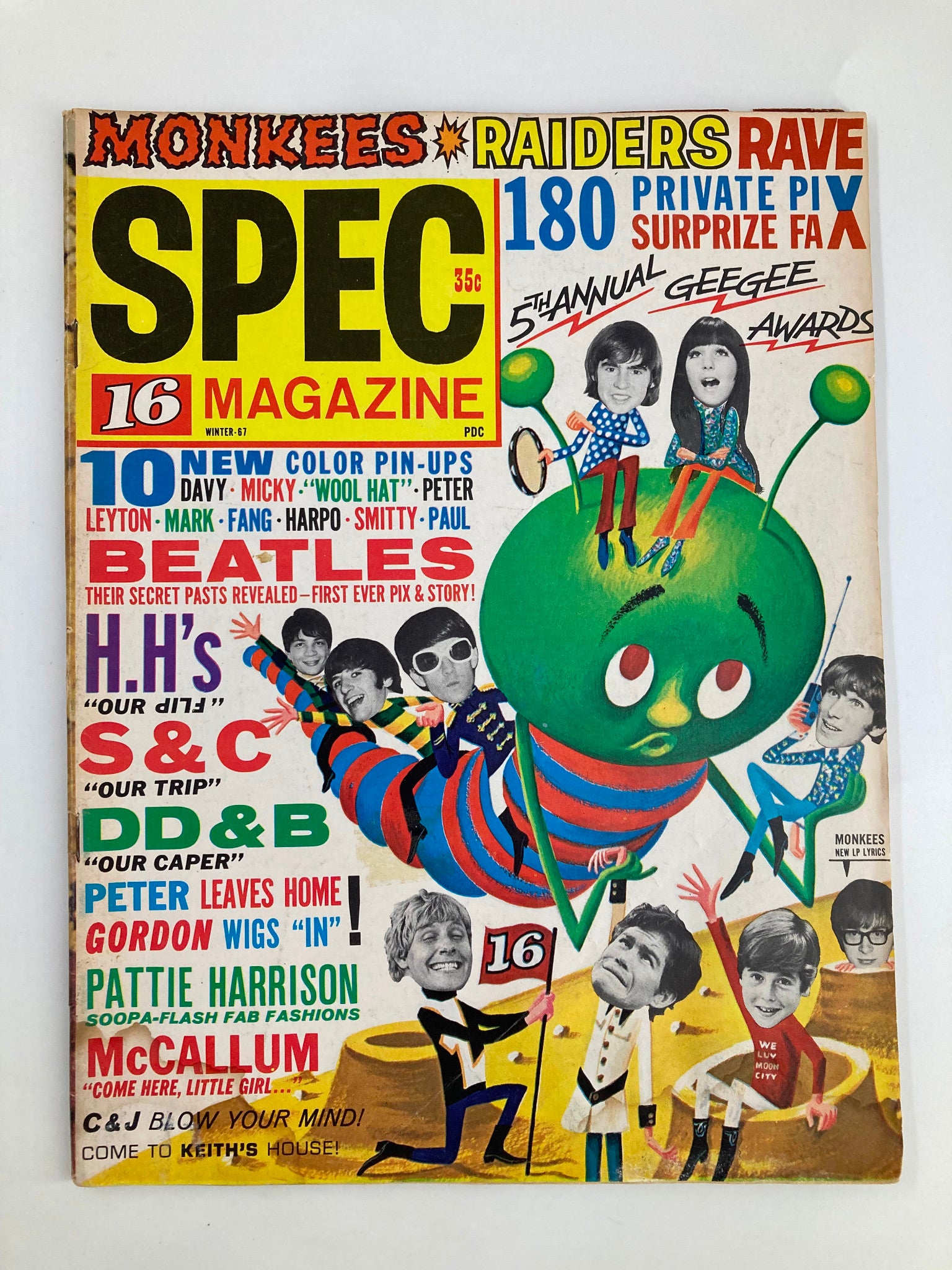 Cover of VTG 16 Magazine Winter 1967 featuring The Beatles, Monkees, and colorful illustrations, showcasing pop culture icons and vibrant design.