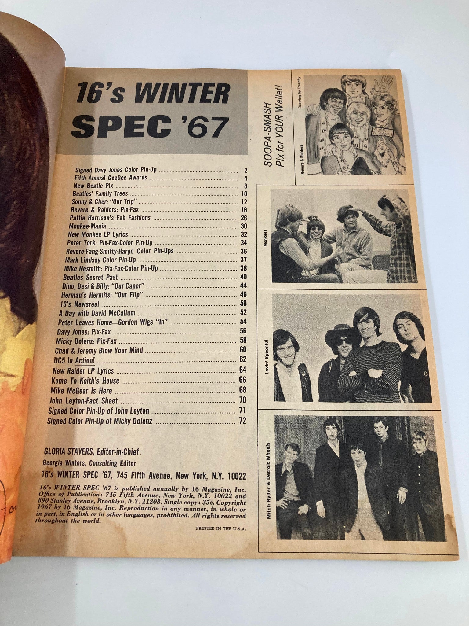 Interior page of VTG 16 Magazine Winter 1967, revealing article listings and photographs related to The Beatles and popular music of the 1960s.