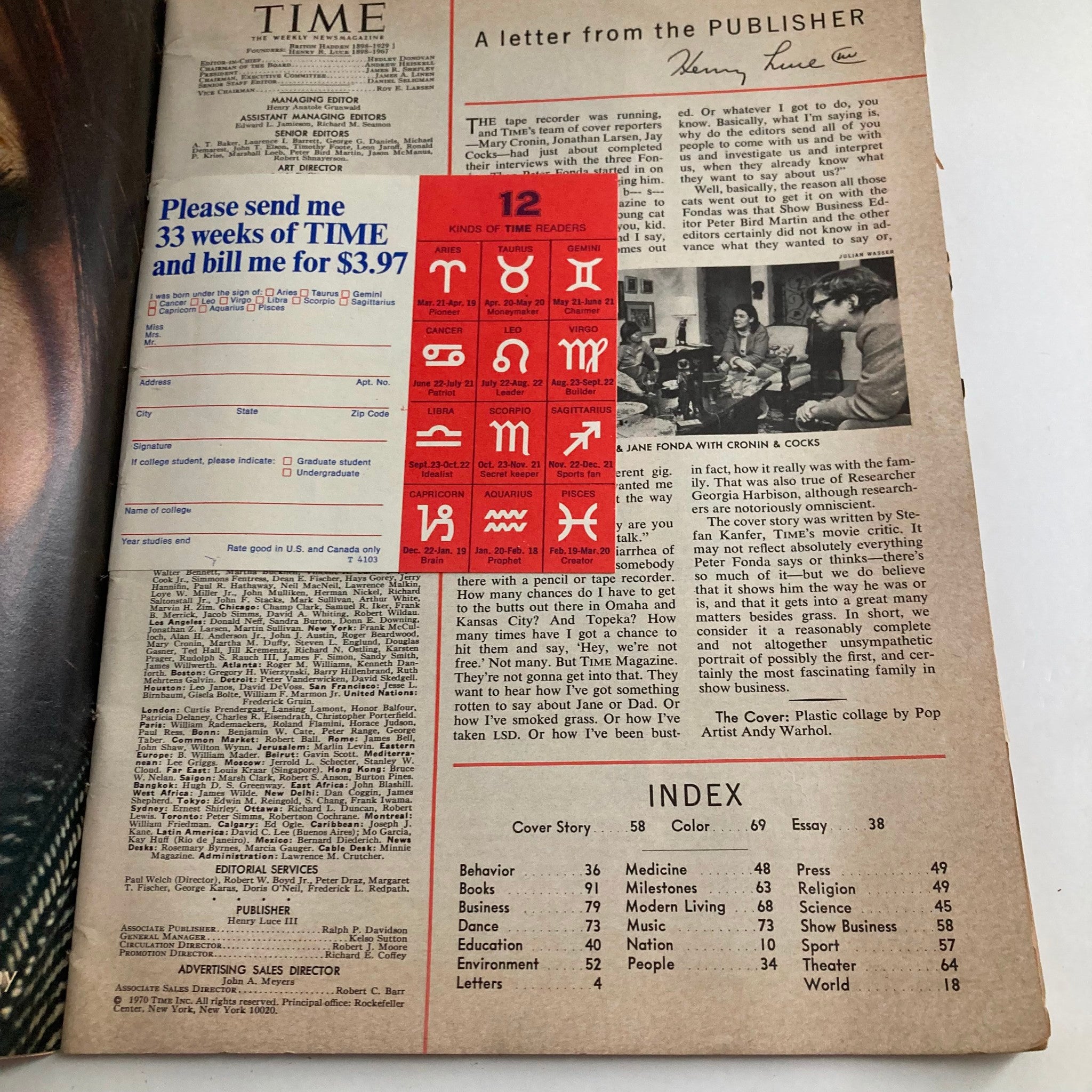 VTG Time Magazine February 16 1970 Jane, Henry & Peter The Flying Fondas