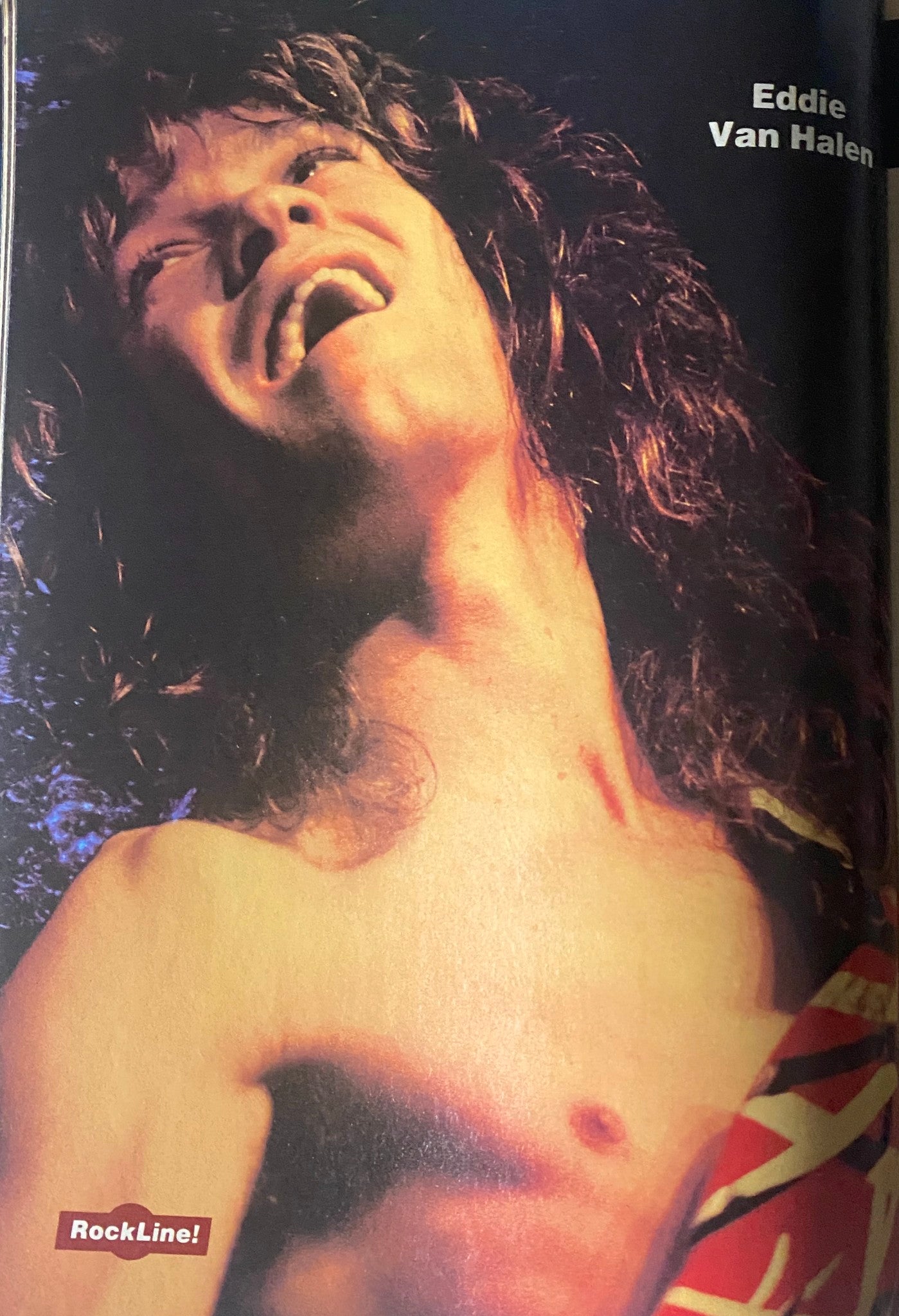 Portrait of Eddie Van Halen featured in Rock Line Magazine, highlighting his signature style and charisma.