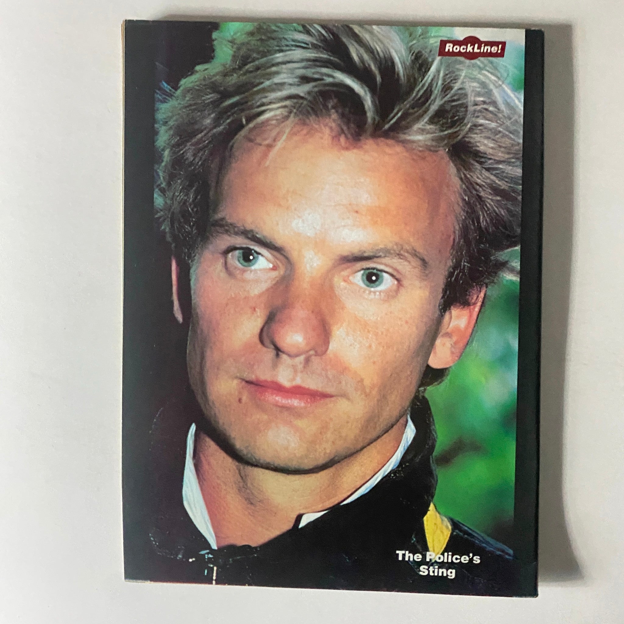 Close-up image of Sting from The Police featured in Rock Line Magazine, reflecting the era's rock scene.