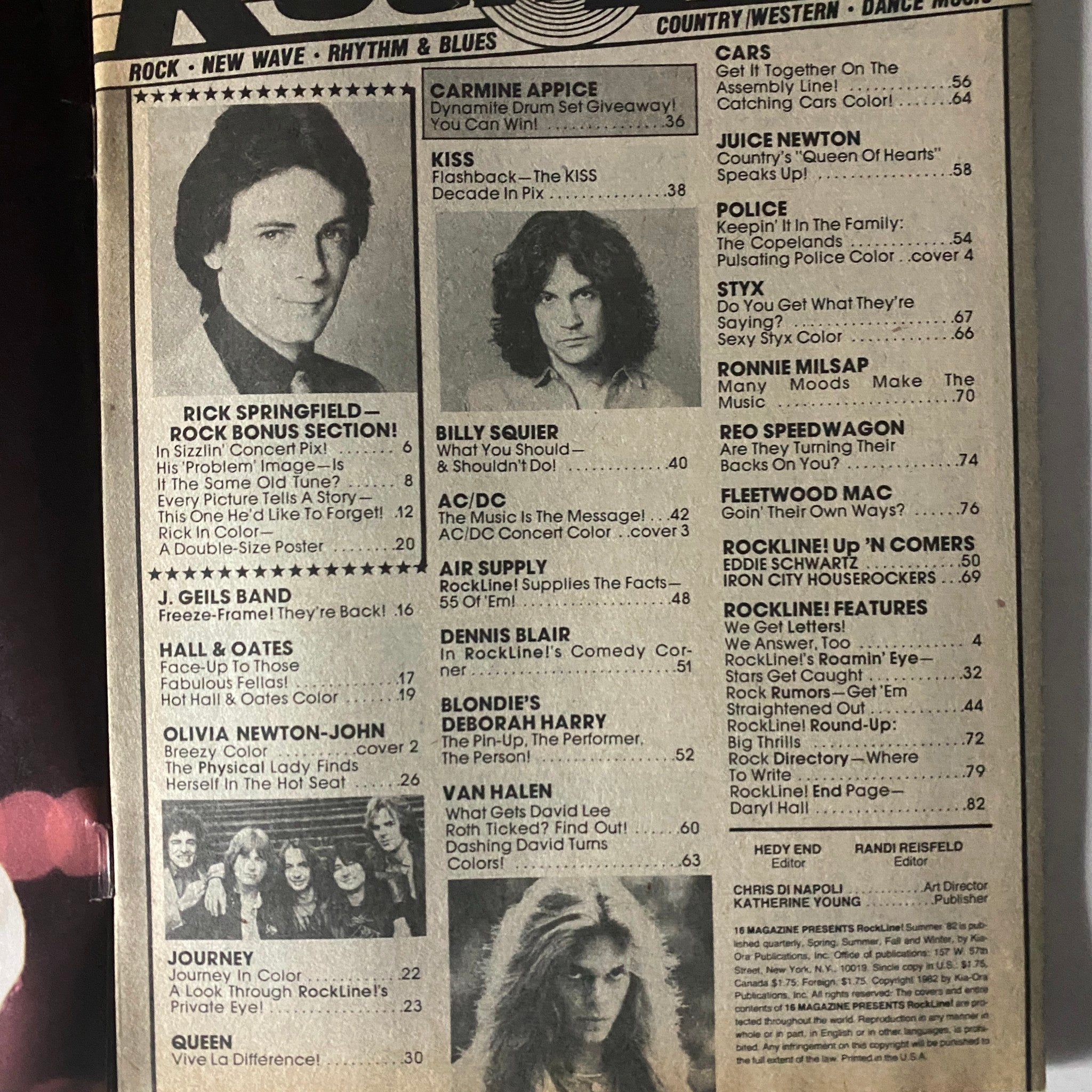 Table of contents from 16 Magazine Presents Rock Line Summer 1982, highlighting feature articles about Rick Springfield, The Police, and more.