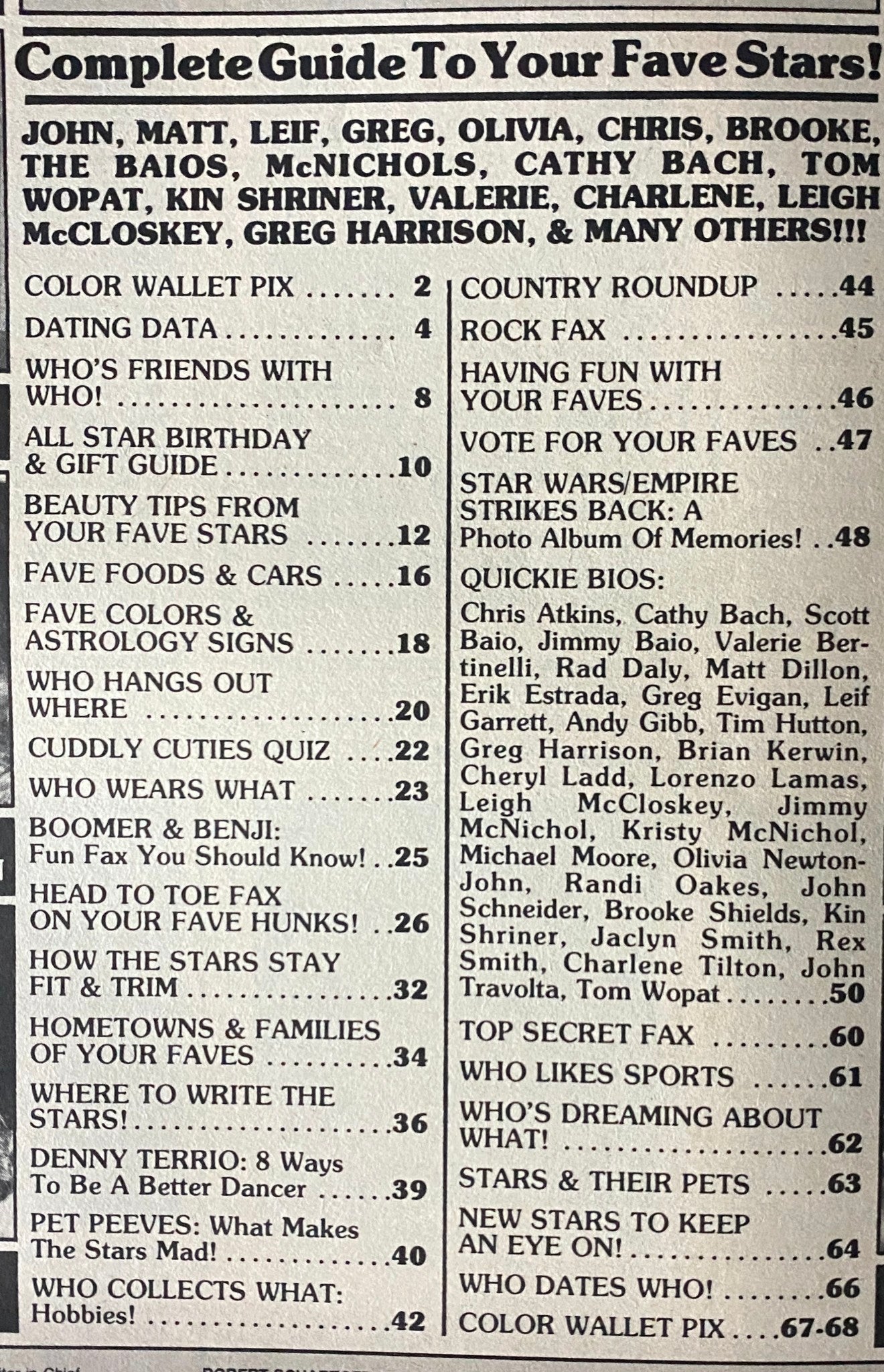 Table of contents for SuperTeen Teen Star Directory No. 3. Lists featured sections and celebrities like John Schneider, Greg Evigan, and Brooke Shields.