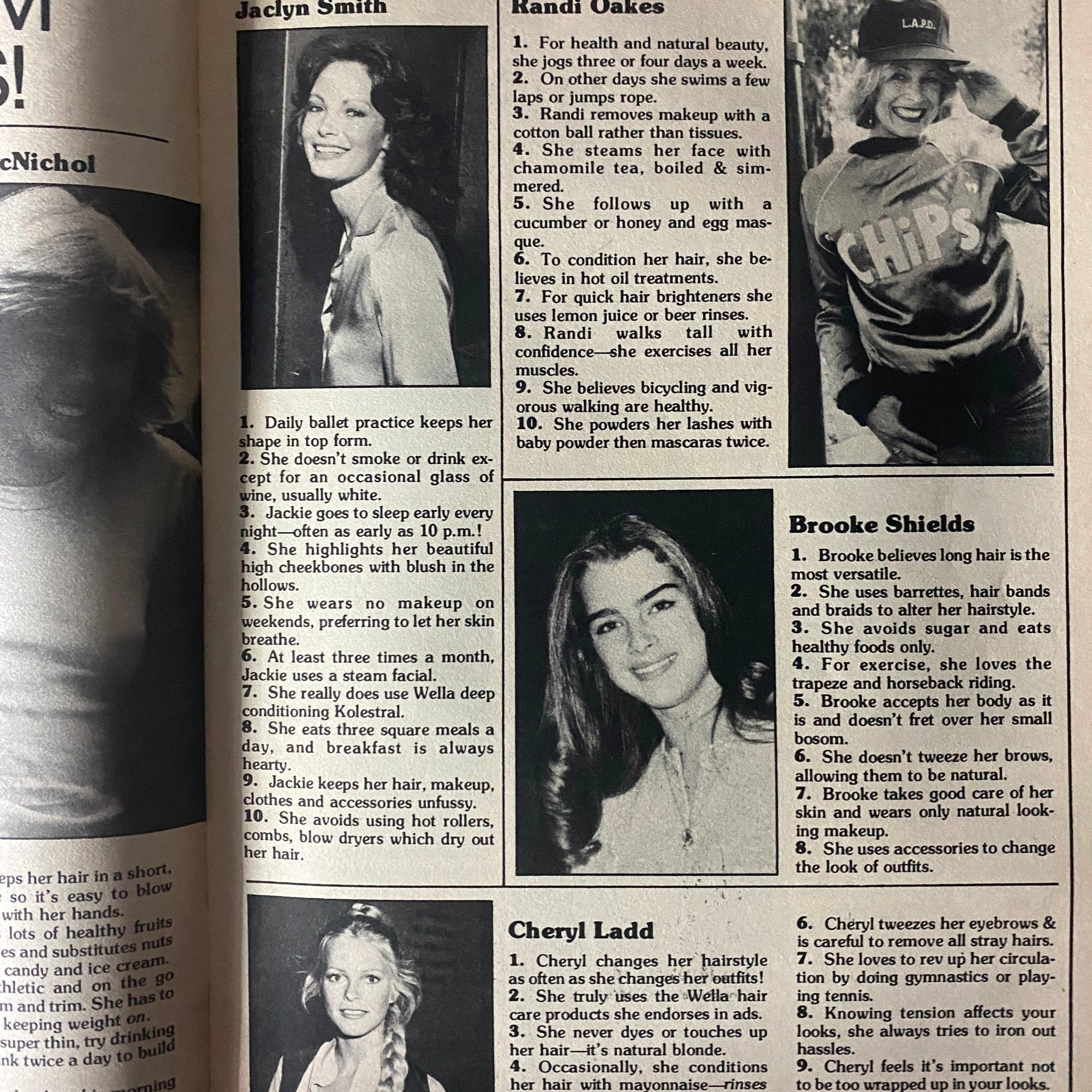 Celebrity advice section from SuperTeen Teen Star Directory No. 3 highlighting Jaclyn Smith, Randi Oakes, and Brooke Shields with beauty tips and insights about their lifestyles.