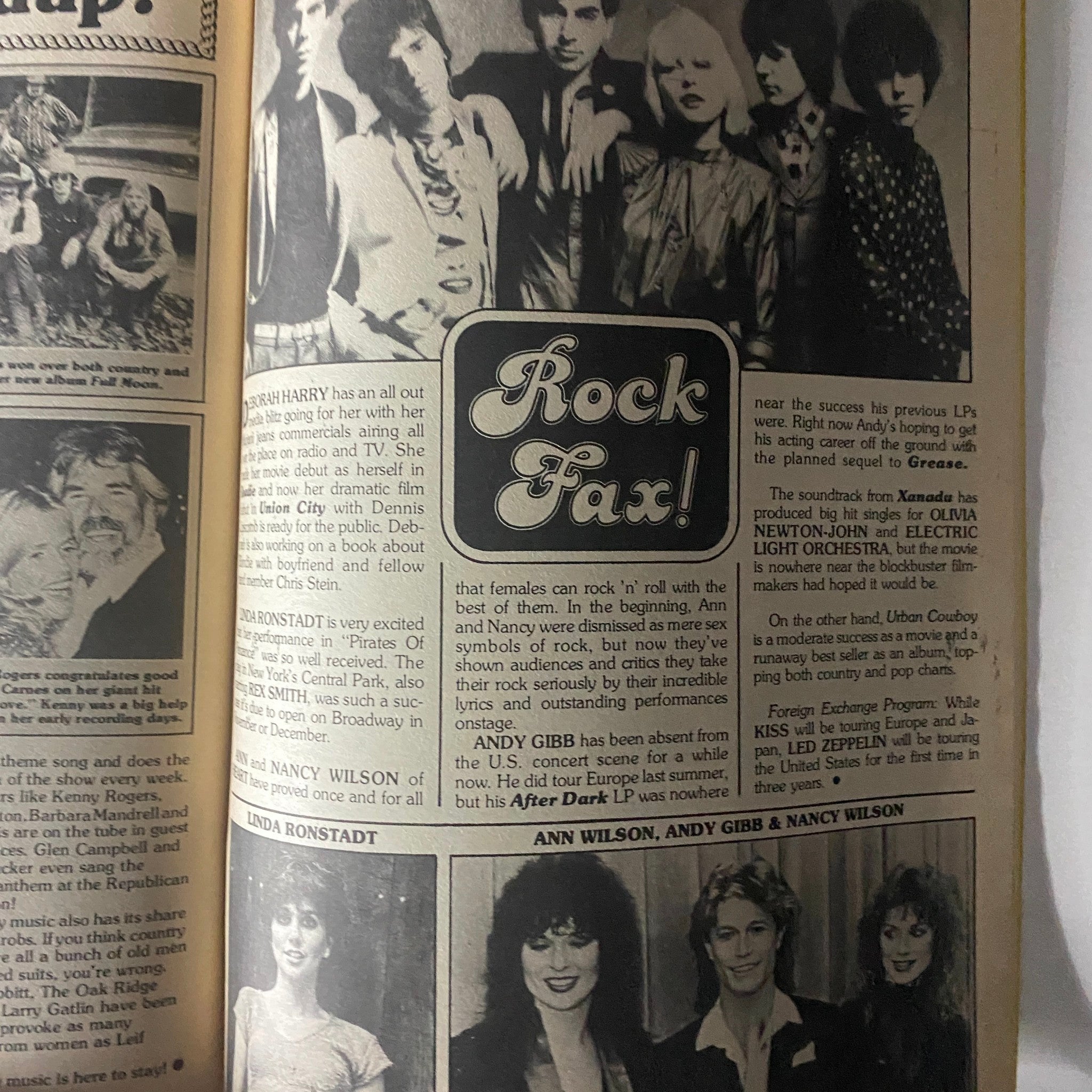 Image from SuperTeen Teen Star Directory No. 3 showcasing an article titled 'Rock Fax!' featuring notable artists like Linda Ronstadt and Andy Gibb, highlighting celebrity news and insights from the '70s and '80s.