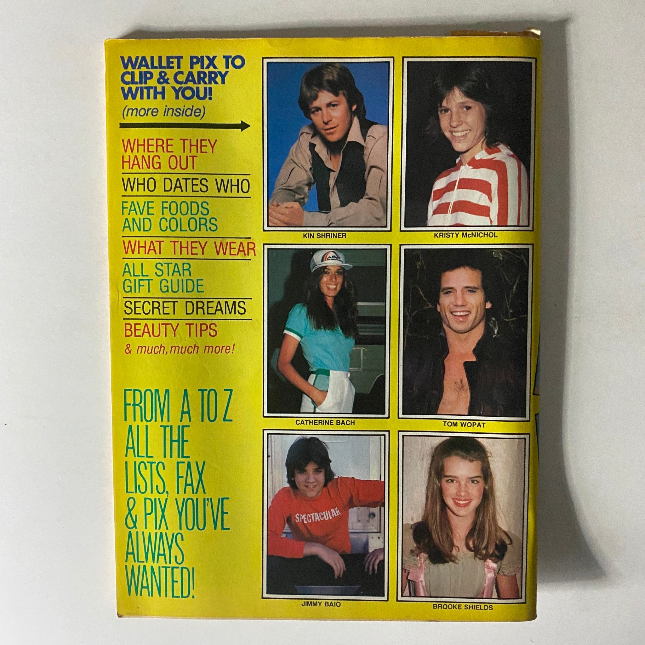 Cover of SuperTeen Teen Star Directory No. 3 displaying wallet-sized photographs of teen idols including Kin Shriner, Kristy McNichol, and Brooke Shields, along with sections on their hobbies, beauty tips, and gift guides.