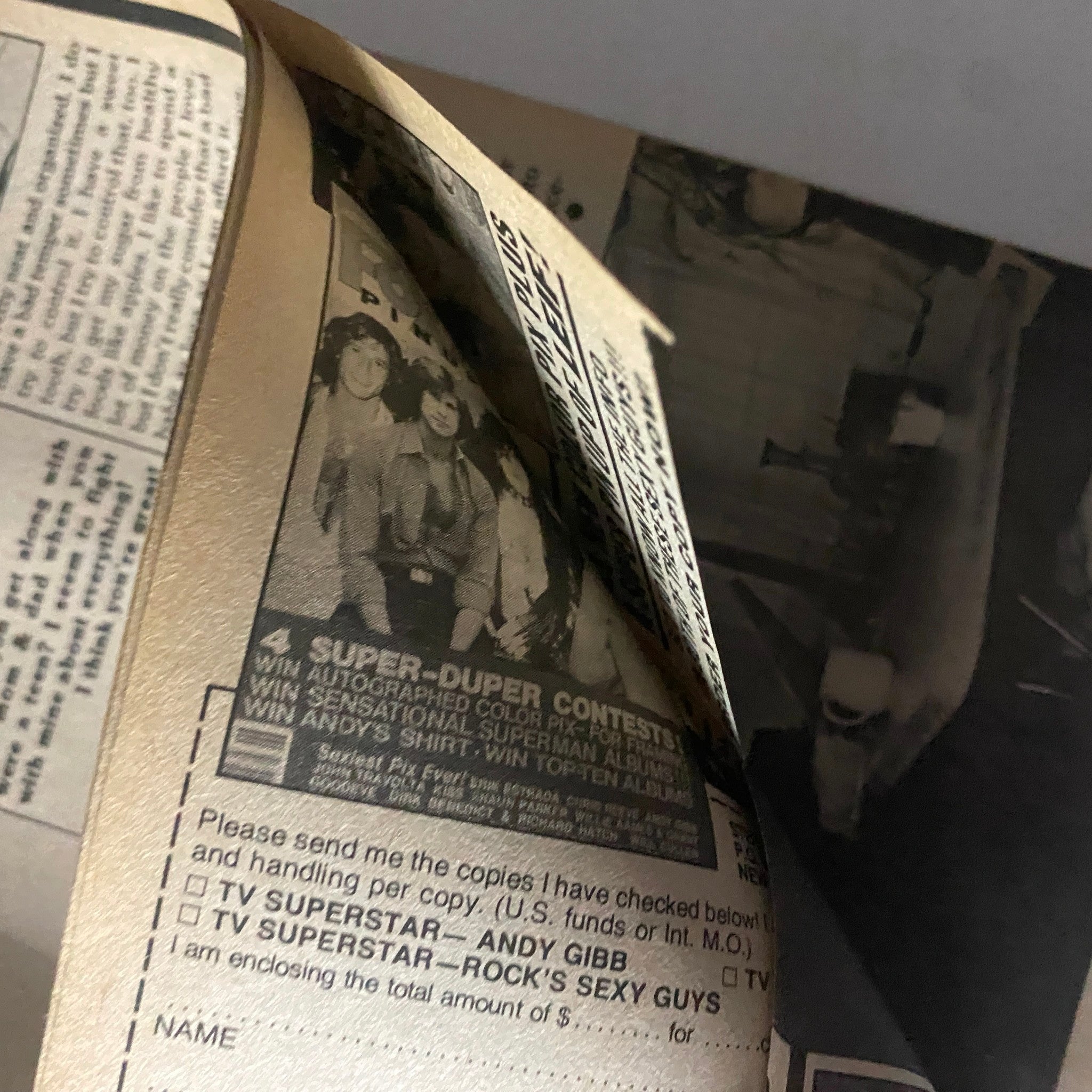 A page from SuperTeen Magazine July 1981 showing a contest advertisement with images of teen idols, capturing the essence of 1980s pop culture memorabilia.