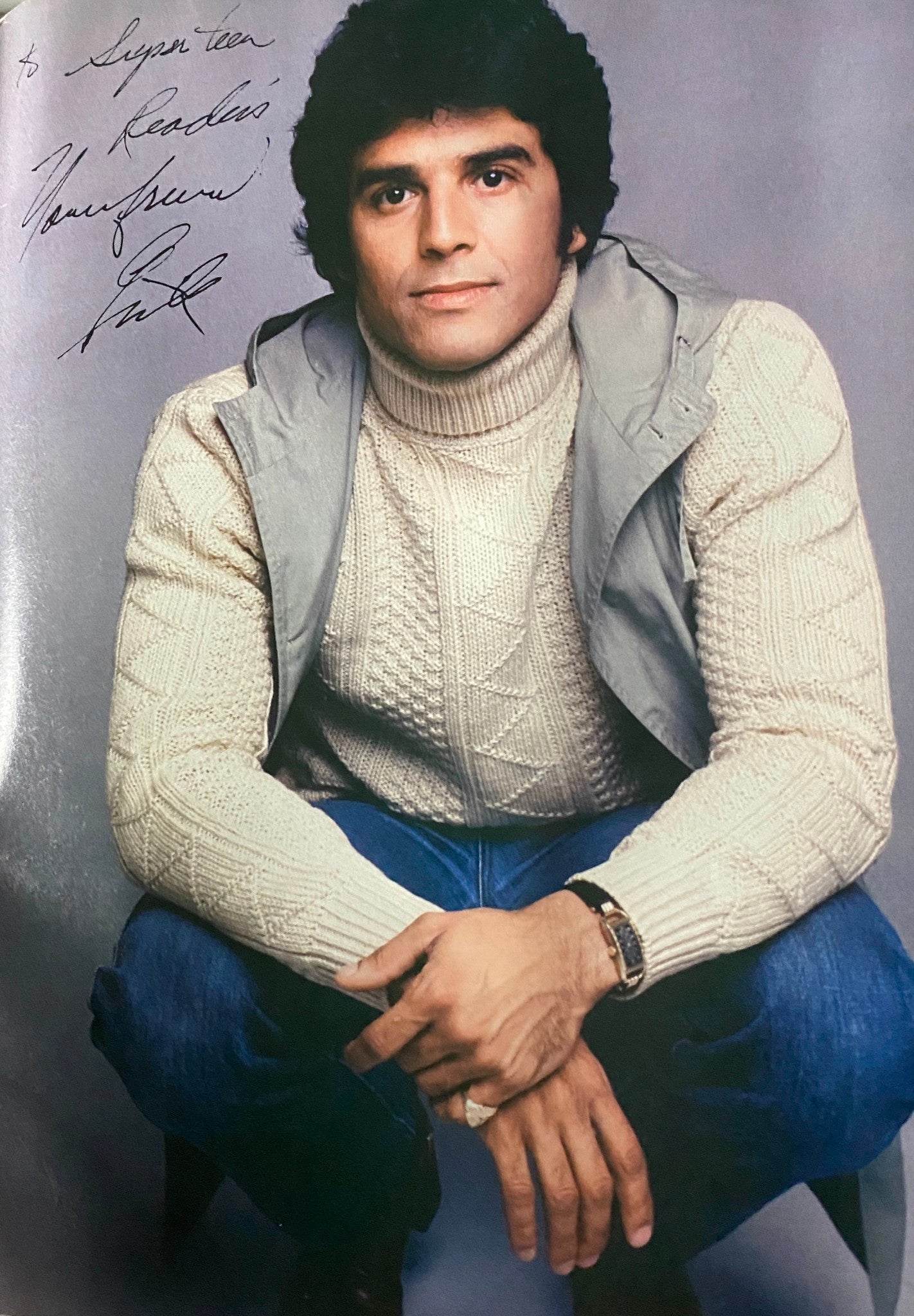 SuperTeen Magazine July 1981 depicts a stylish portrait of a male celebrity in a knitted turtleneck, signed to SuperTeen readers, reflecting the fashion trends of the early 1980s.