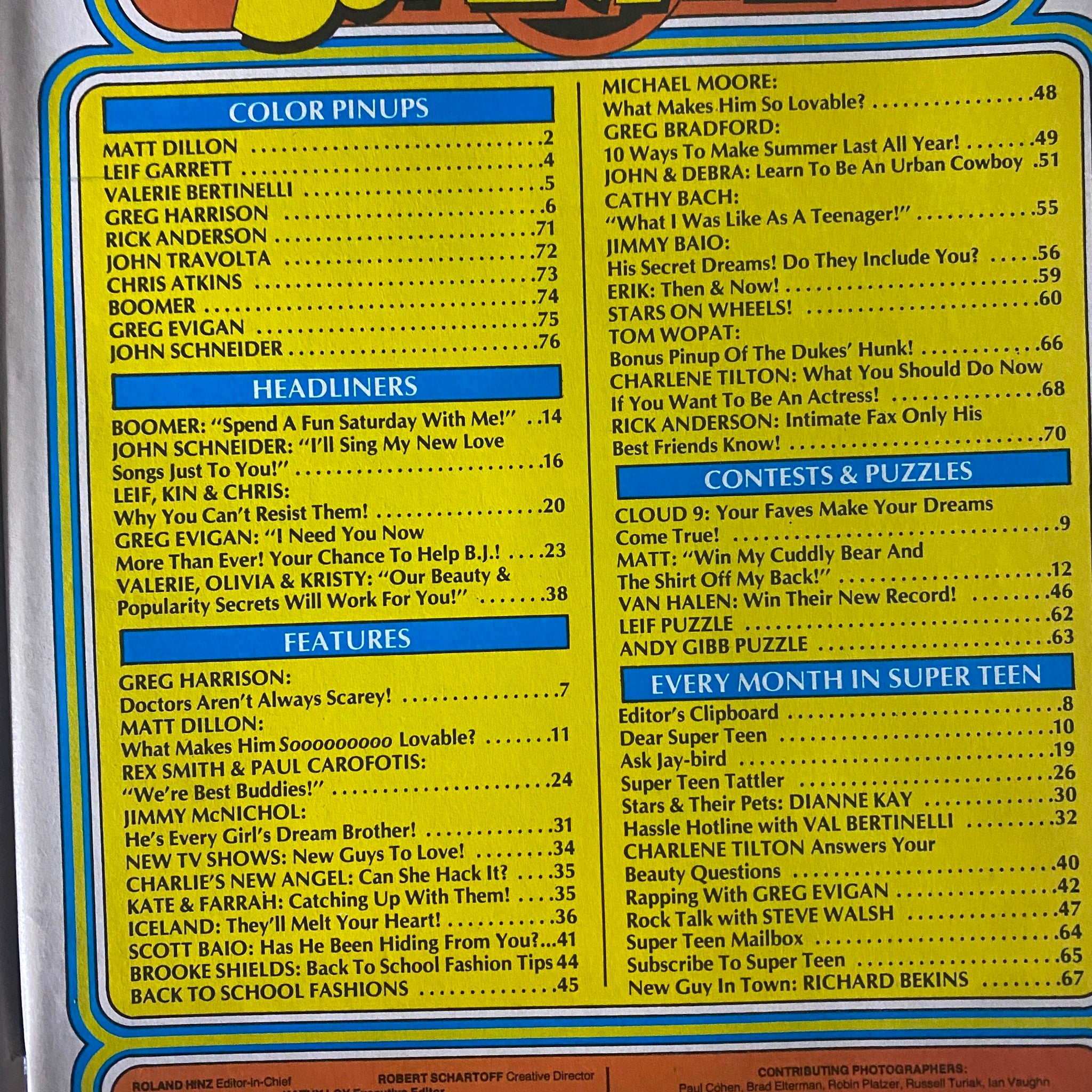 Table of contents from SuperTeen Magazine November 1980, highlighting featured stars and articles related to teen idol culture.