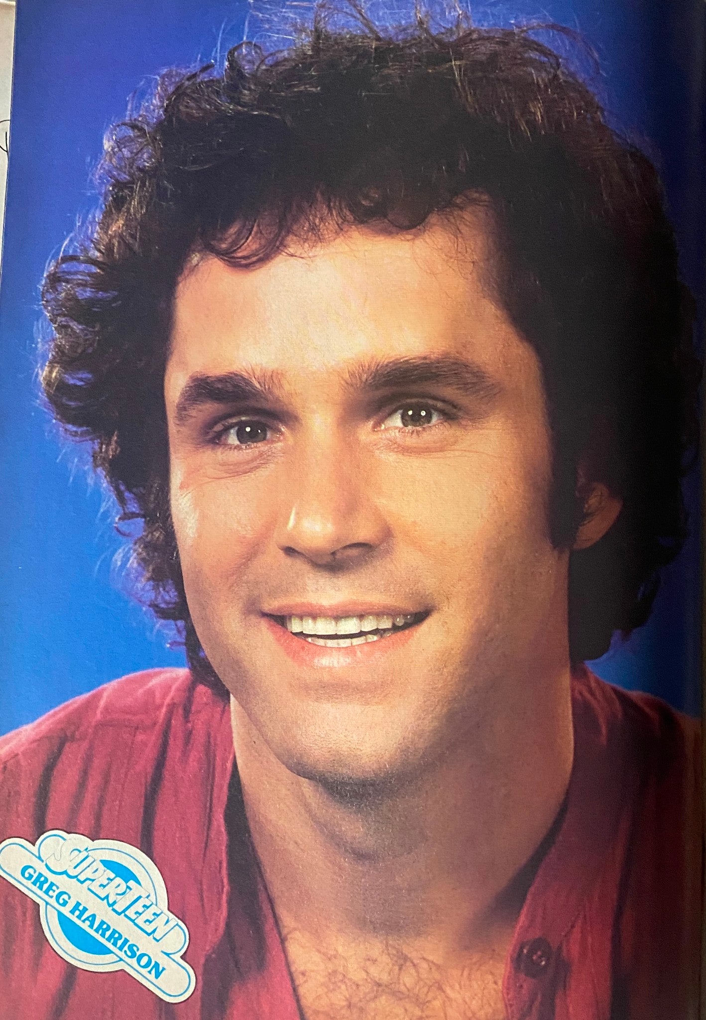 Close-up image of Greg Harrison from SuperTeen Magazine November 1980, showcasing a vibrant portrait with signature, celebrating the teen idol of the era.