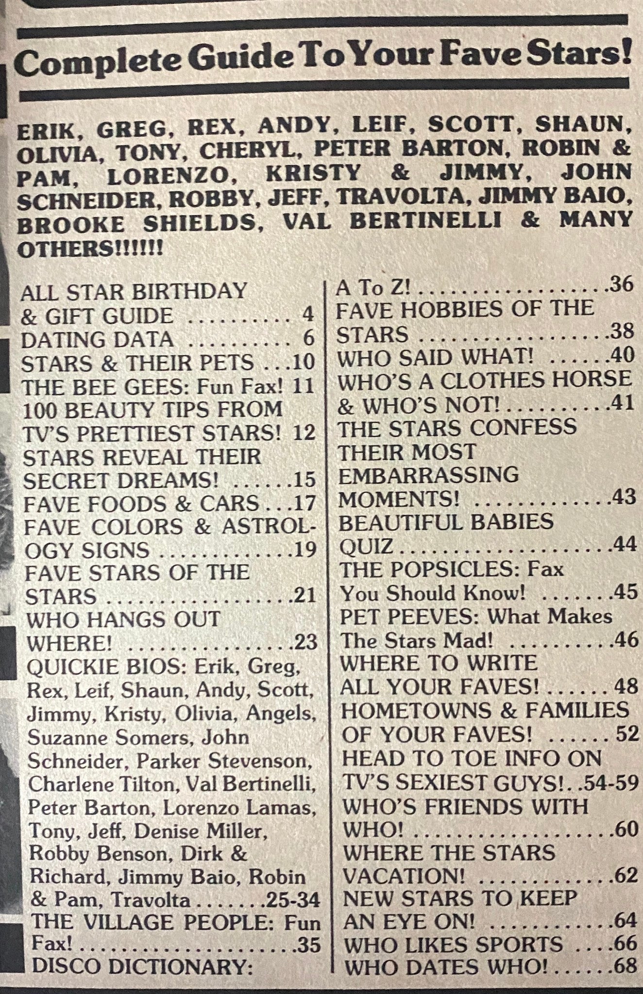 Table of contents for SuperTeen Teen Star Directory Issue No. 2, listing sections and featured celebrities including Leif Garrett, Rex Smith, and Shaun Cassidy, along with fun content like beauty tips and celebrity bios.
