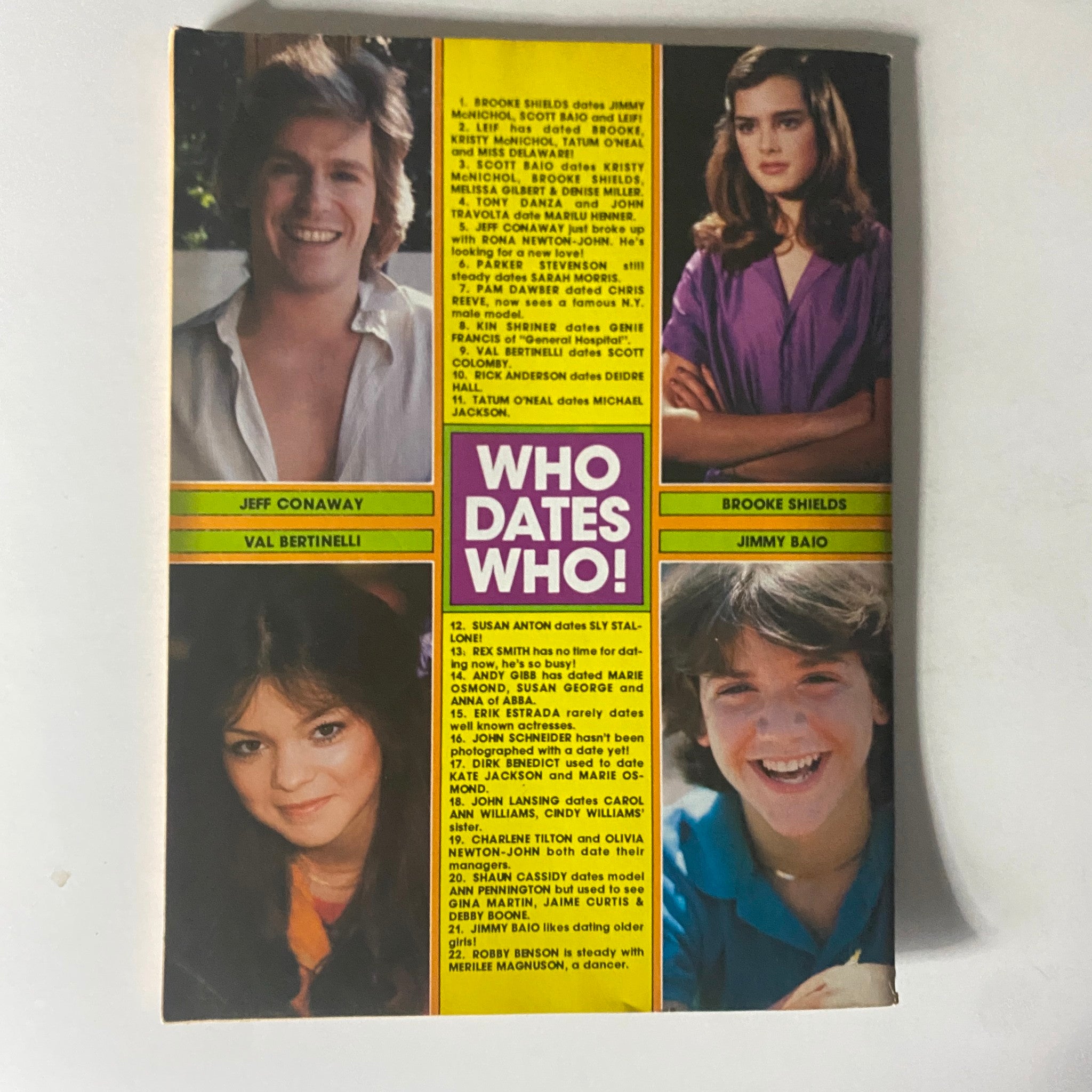 Back cover of SuperTeen Teen Star Directory Issue No. 2, featuring relationship information and images of famous celebrities like Brooke Shields and Jeff Conaway, highlighting dating details from the 1970s and 1980s.