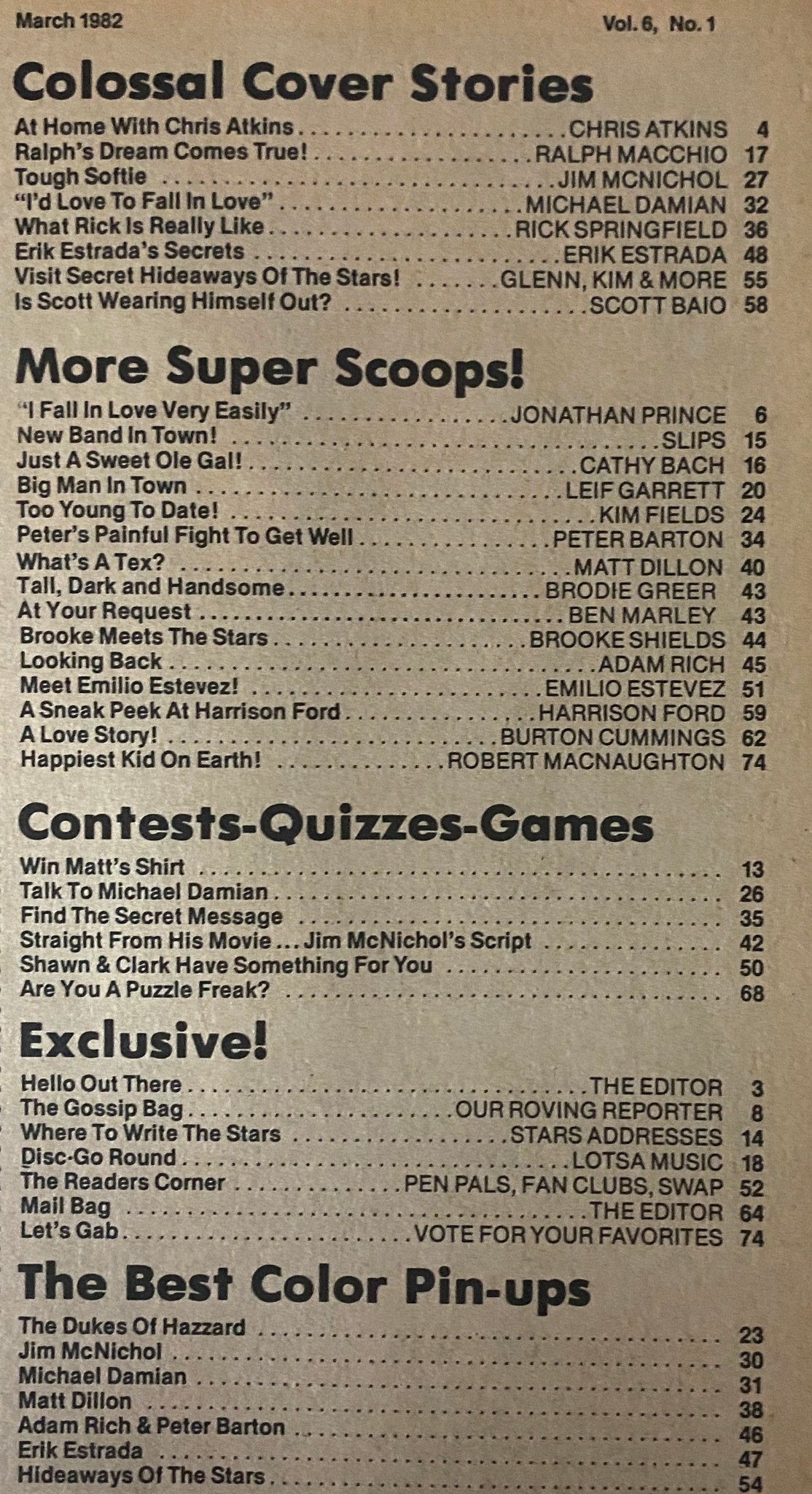 Table of contents of the Teen Bag Magazine March 1982, listing features such as interviews and contests related to popular celebrities of the time.