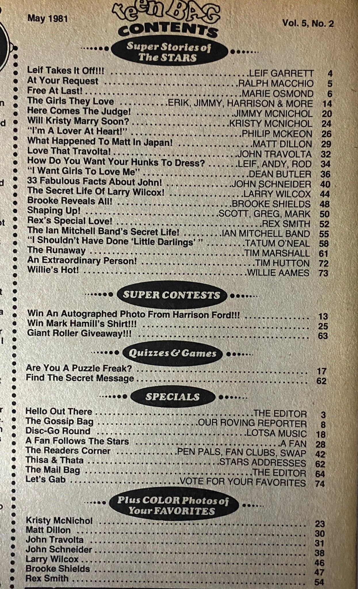 Contents page of Teen Bag Magazine May 1981 featuring articles and stories about celebrities like Leif Garrett and Ralph Macchio.