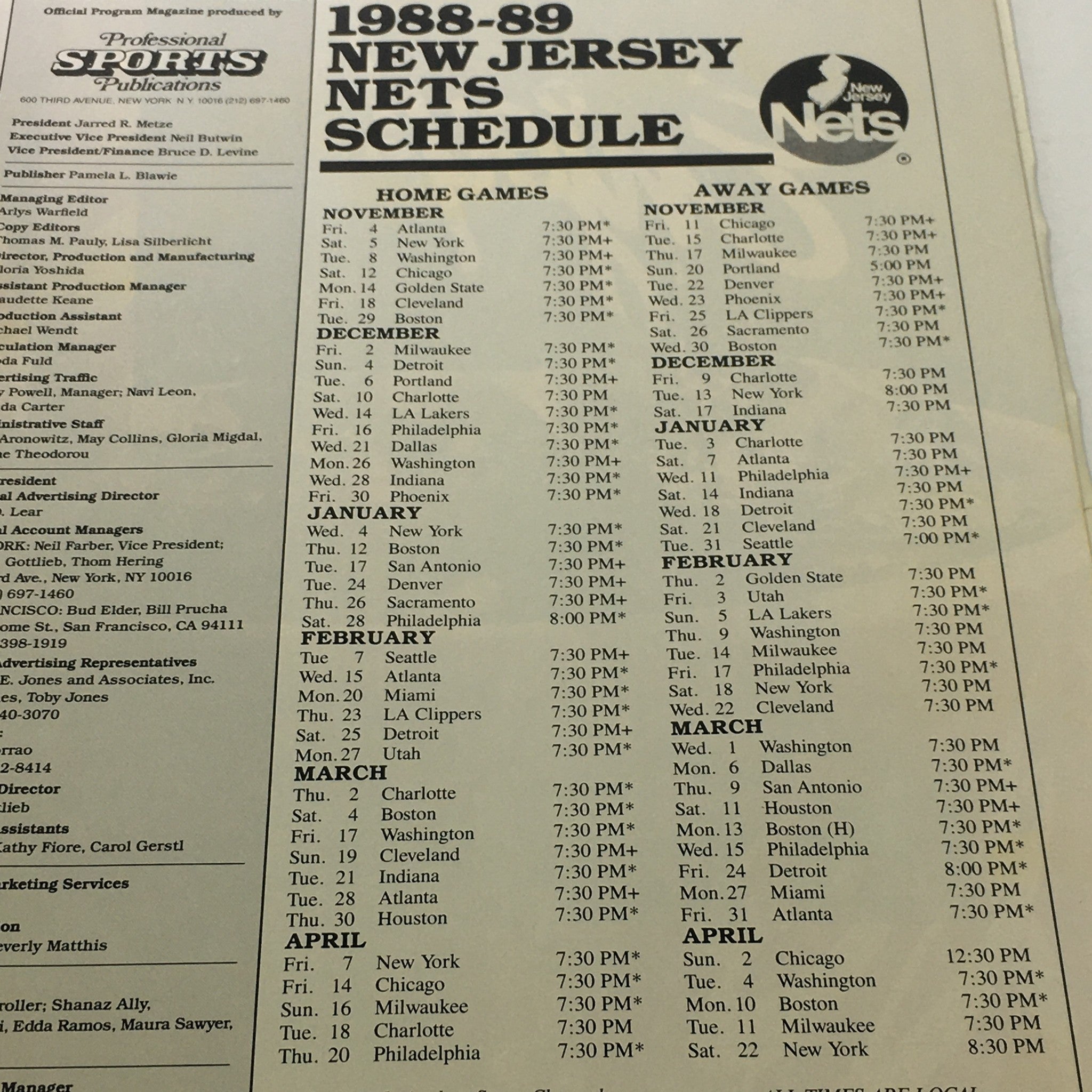 Hoop NBA Magazine: 1988 - Willis Reid & New Jersey Nets Schedule  - No Label