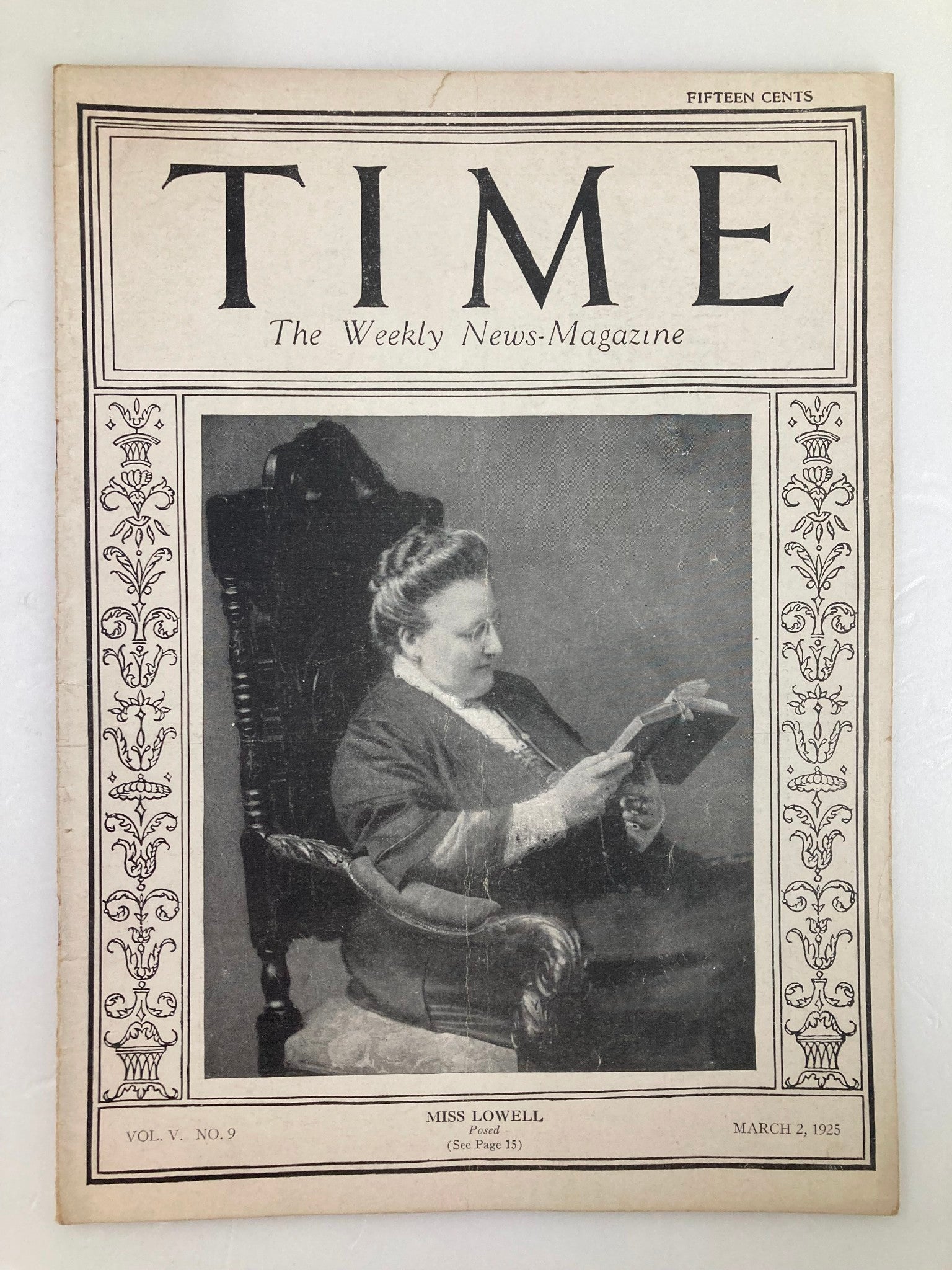 Cover of VTG Time Magazine from March 2, 1925, featuring Miss Lowell in an elegant pose, showcasing the vintage style of the publication.
