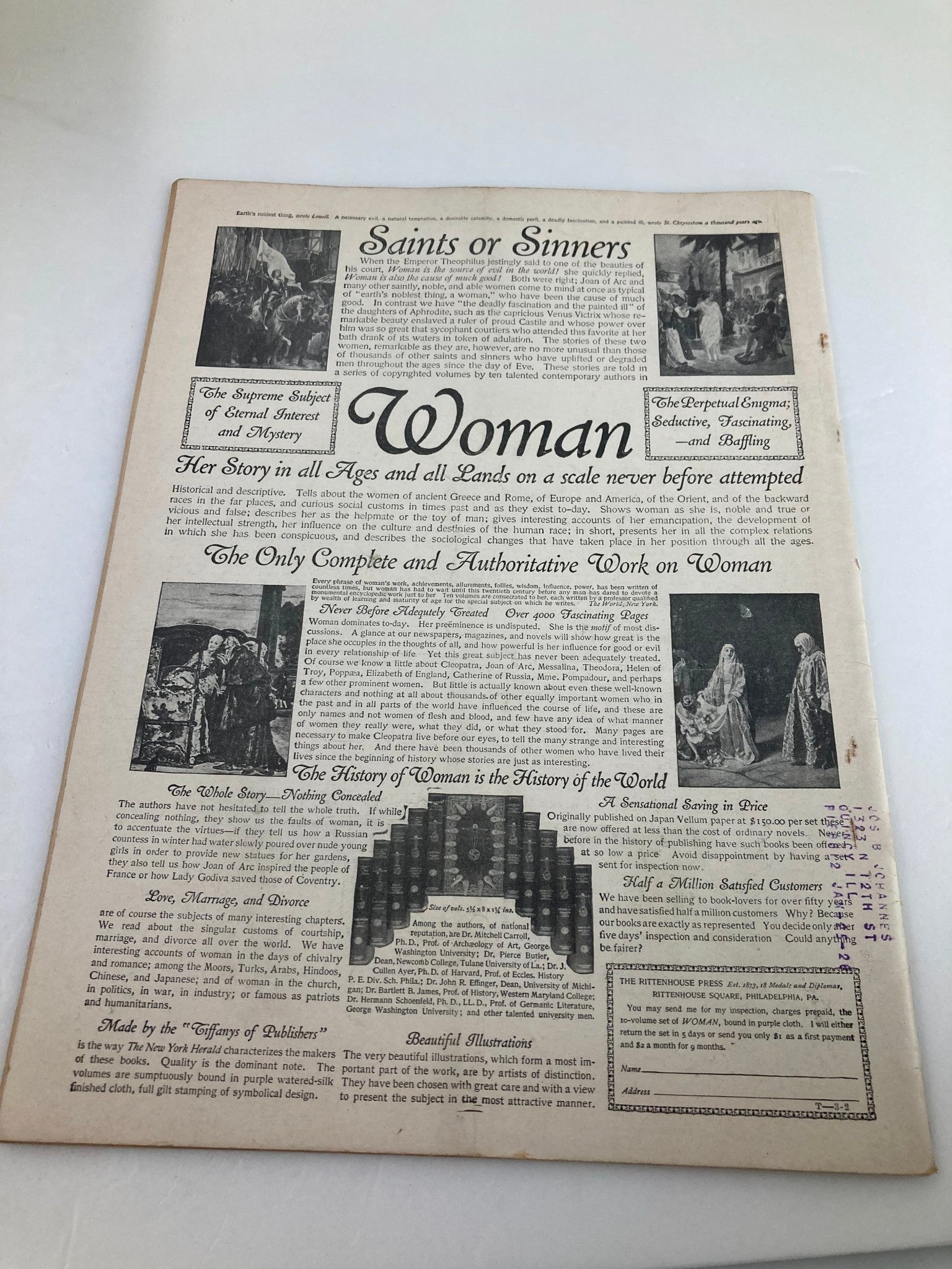 Back cover of VTG Time Magazine March 2, 1925, displaying an article titled 'Saints or Sinners' focused on women's roles throughout history.