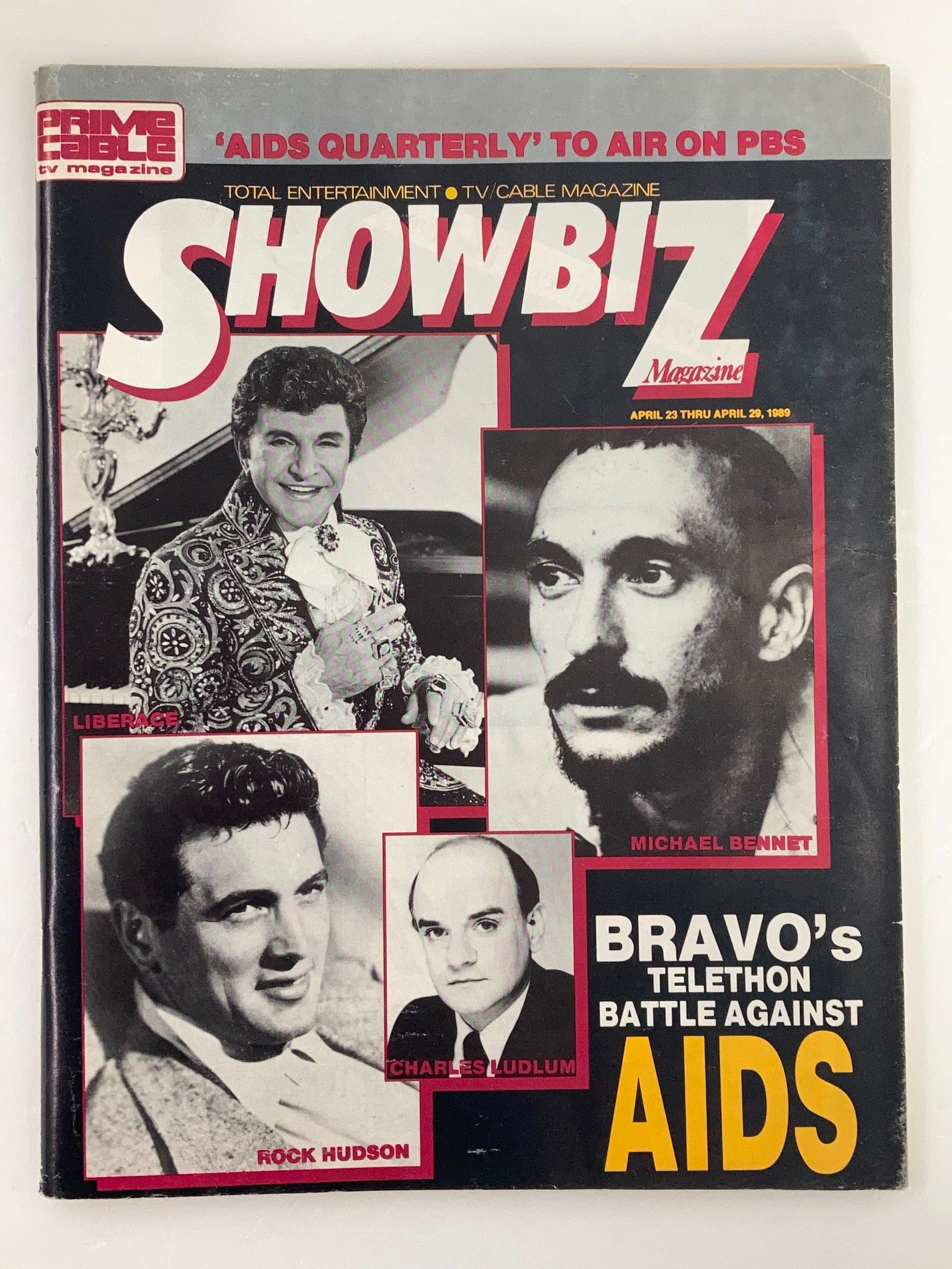 VTG Showbiz Magazine April 23 1989 cover featuring Michael Bennet, Rock Hudson, and Liberace, highlighting the telethon battle against AIDS.