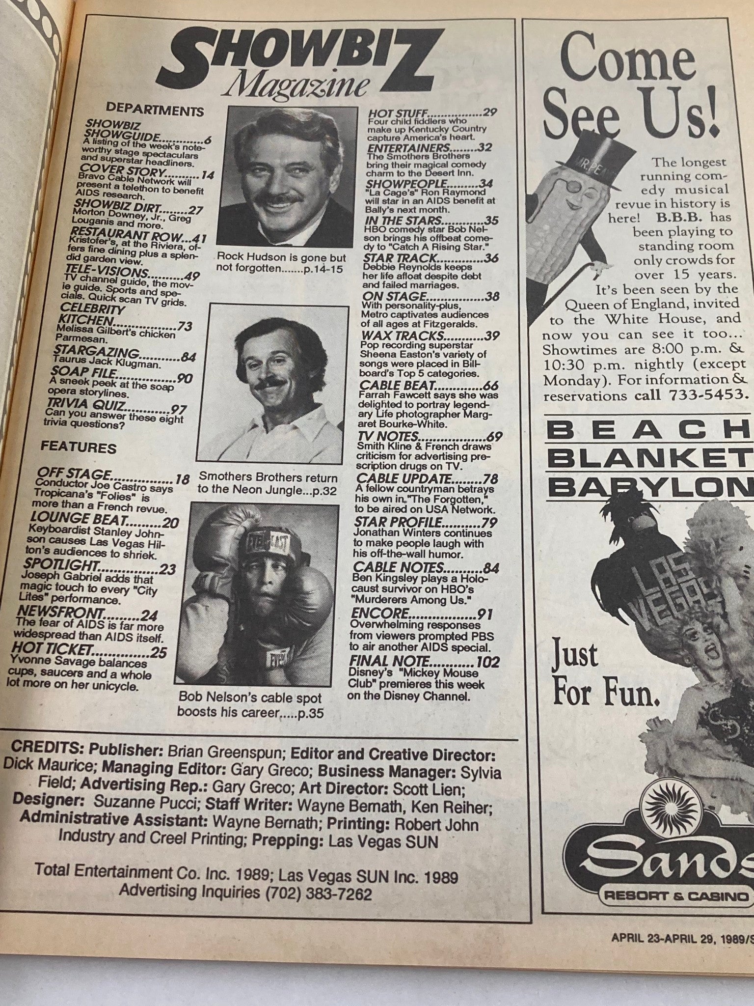 Inside page of VTG Showbiz Magazine April 23 1989 showcasing the departments and features, including a tribute to Rock Hudson.
