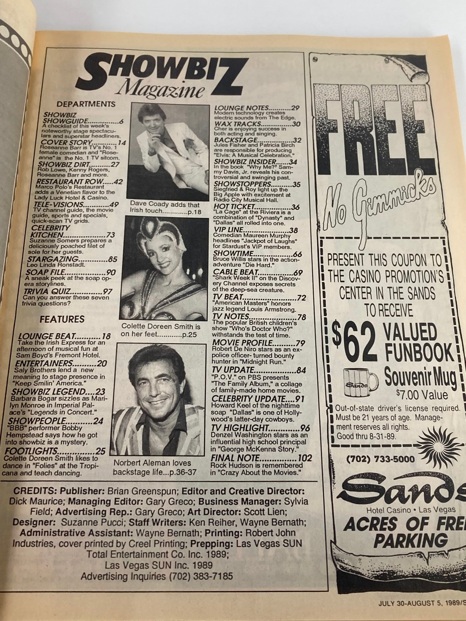 VTG Showbiz Magazine July 30 1989 Roseanne Barr, Cher & Rock Hudson No Label