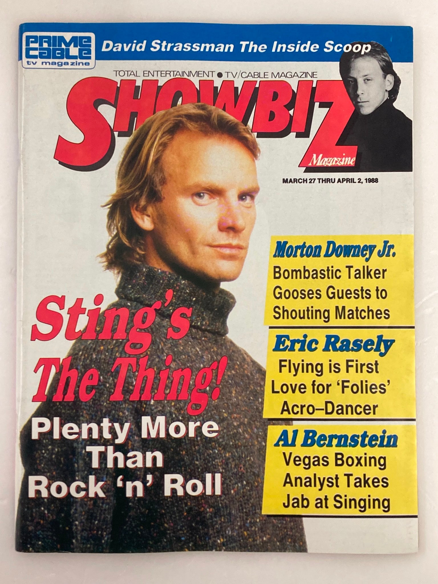 Cover of VTG Showbiz Magazine from March 27, 1988 featuring Sting, Morton Downey Jr., and Eric Rasely. The headline reads 'Sting's The Thing! Plenty More Than Rock 'n' Roll.' Captivating design highlighting the pop culture of the 1980s.