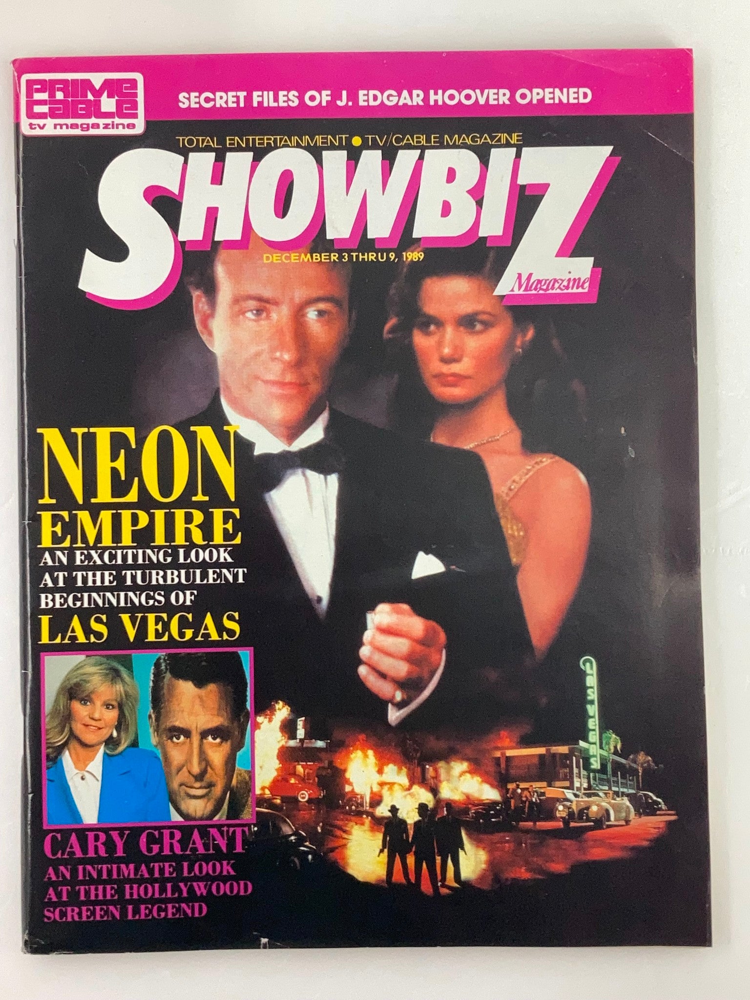 Showbiz Magazine, December 3, 1989, featuring Cary Grant and the Neon Empire of Las Vegas. This vintage magazine showcases the glitz of Hollywood with captivating cover art.