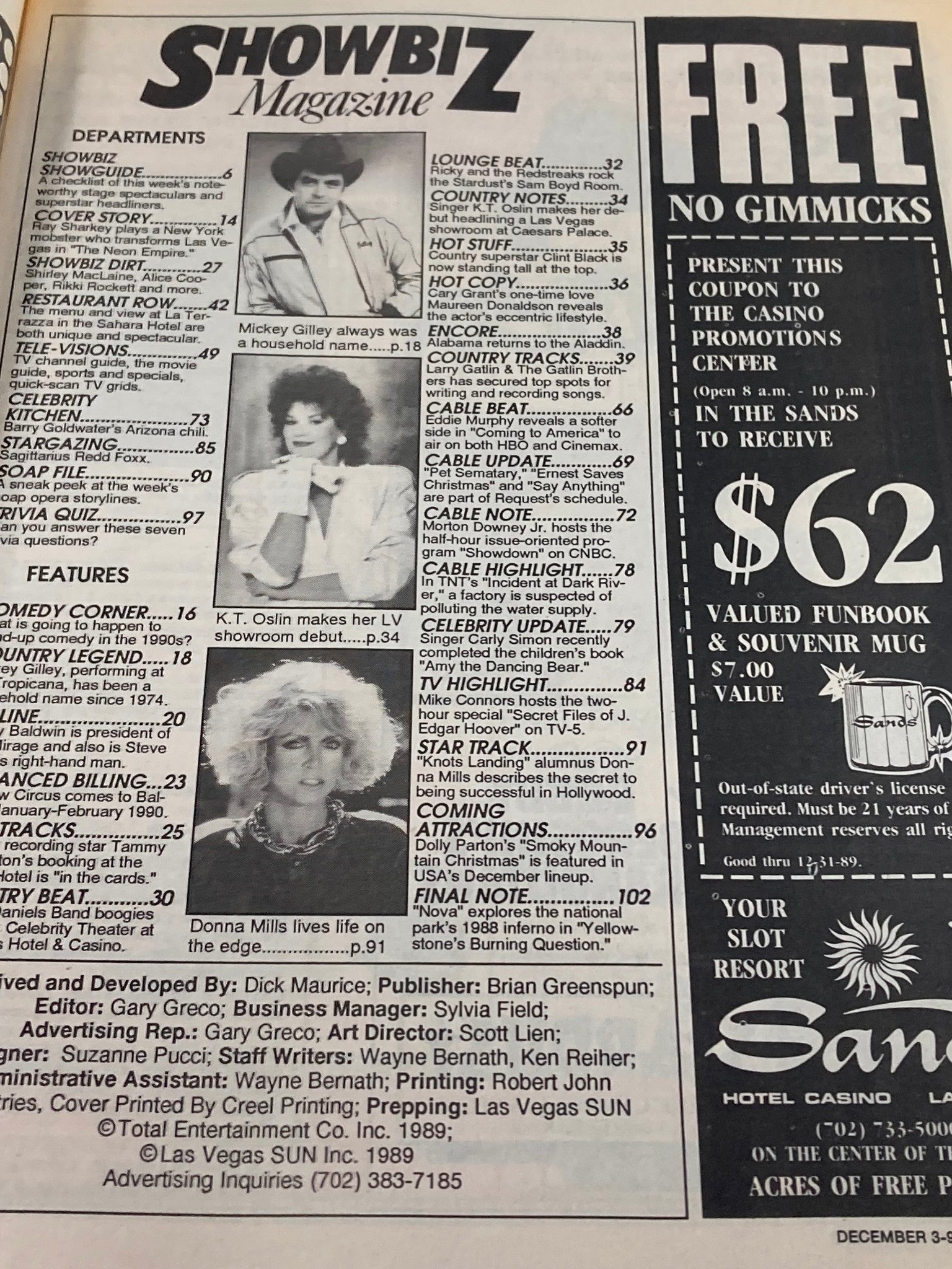 Inside page of Showbiz Magazine from December 3, 1989. Highlights include features and articles on celebrities and entertainment related to the Neon Empire and Las Vegas.