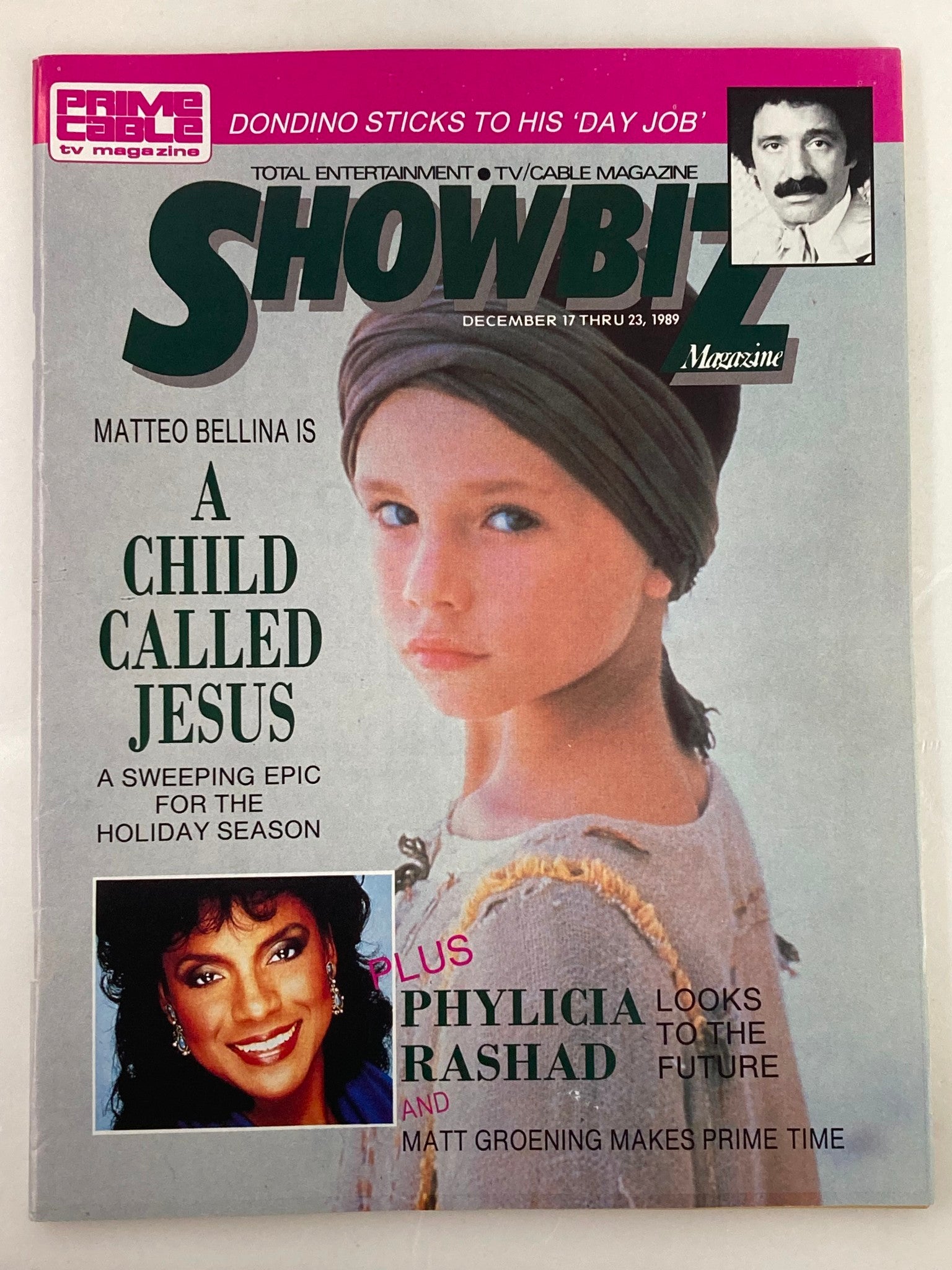 Cover of Showbiz Magazine dated December 17, 1989 featuring Matteo Bellina and Phylicia Rashad, highlighting entertainment and cultural trends of the late 1980s.
