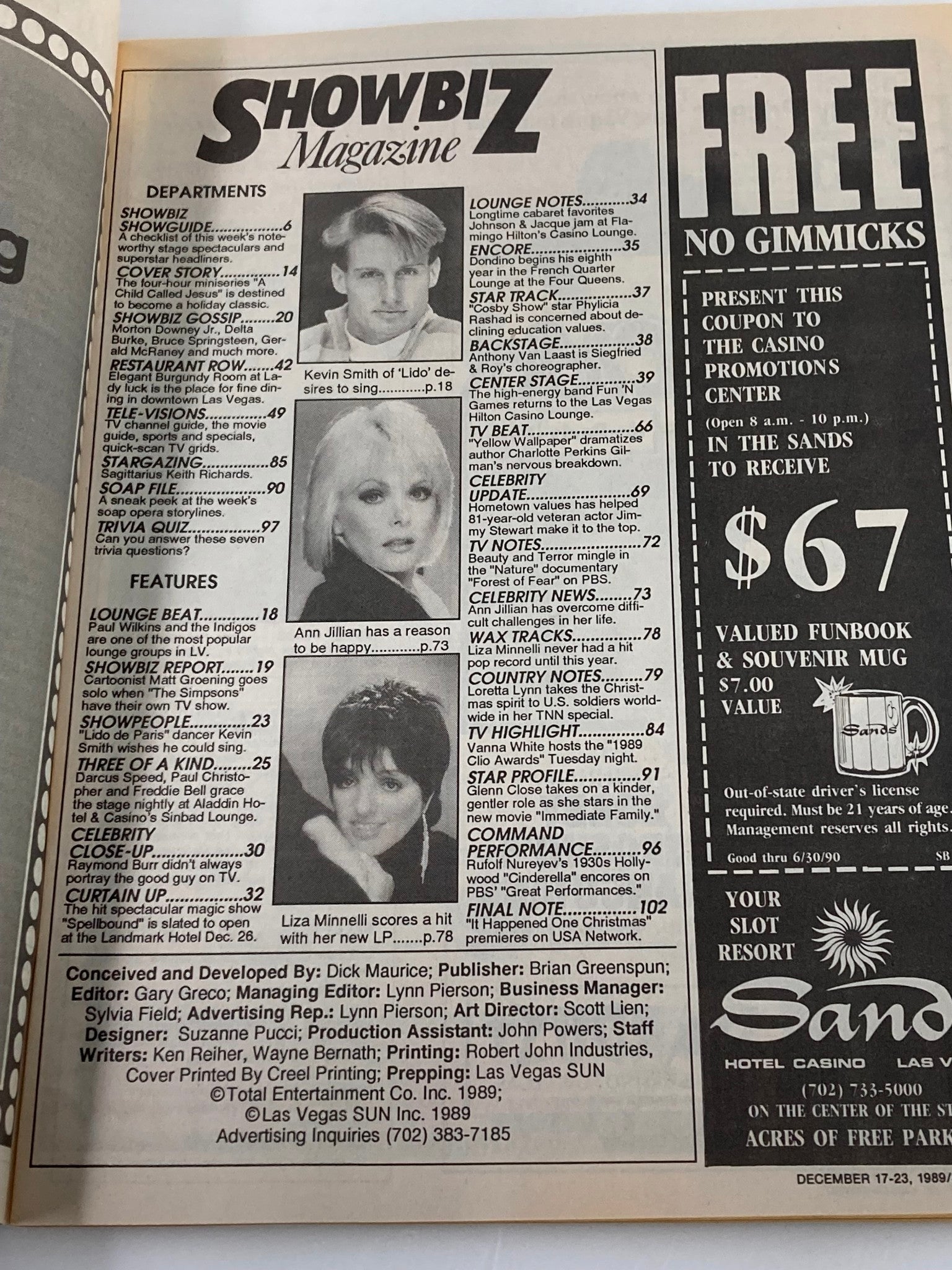 Inside page of Showbiz Magazine, December 17, 1989, showcasing magazine features, articles, and entertainment events during that era.