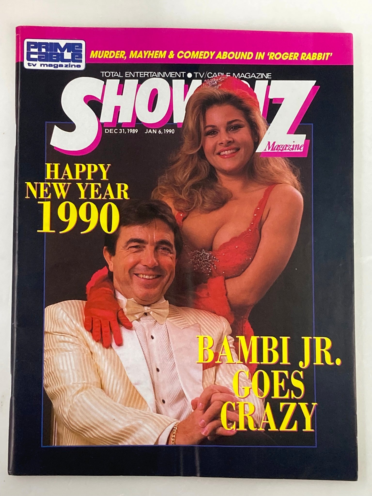 Cover of VTG Showbiz Magazine from December 31, 1989, featuring the title 'Bambi Jr. Goes Crazy' alongside a bearded man in a tuxedo and a woman in a red gown, celebrating New Year 1990.