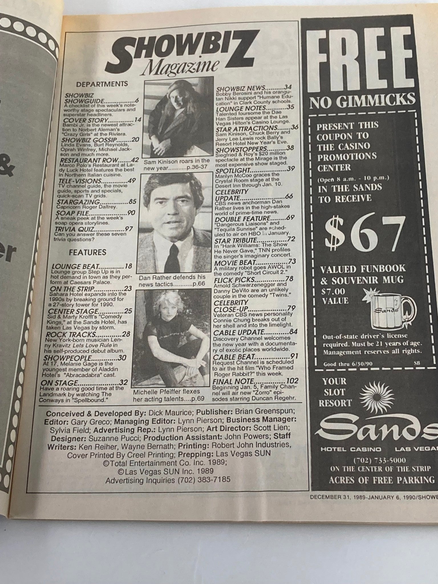 Inside page of the VTG Showbiz Magazine December 31, 1989, featuring various departments and articles related to entertainment, including listings for features, lounge acts, and celebrity news.