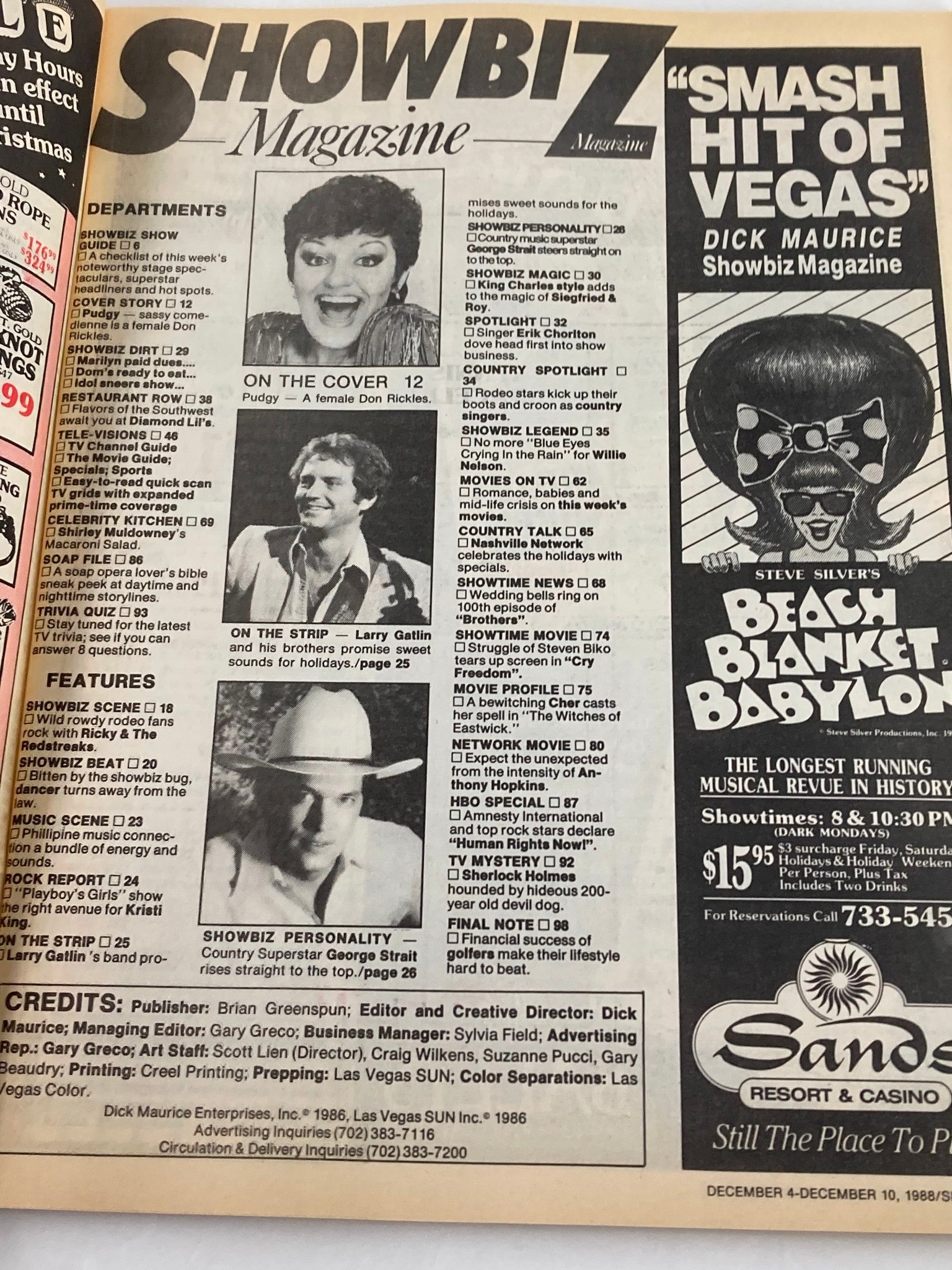 Inside page of Showbiz Magazine December 4, 1988, displaying articles and features about Pudgy, George Strait, and other entertainment personalities.