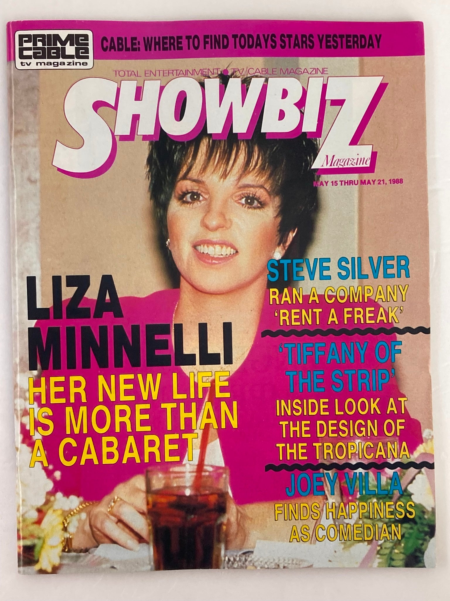 Cover of VTG Showbiz Magazine May 15 1988 featuring Liza Minnelli and Steve Silver, highlighting Liza's new life beyond Cabaret.