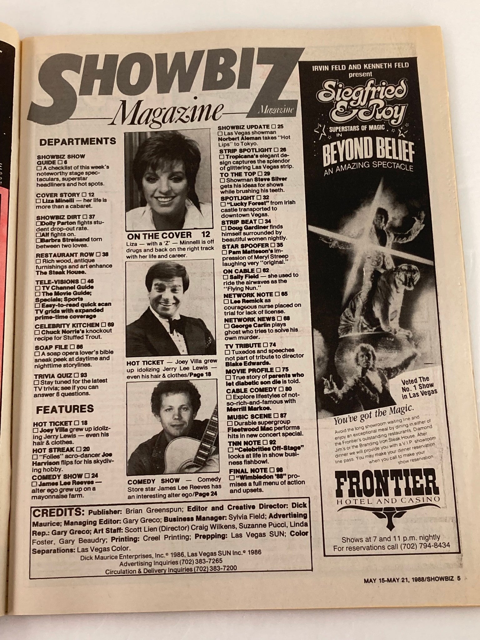Interior page of VTG Showbiz Magazine May 15 1988 showcasing features including Liza Minnelli and updates from the entertainment world.