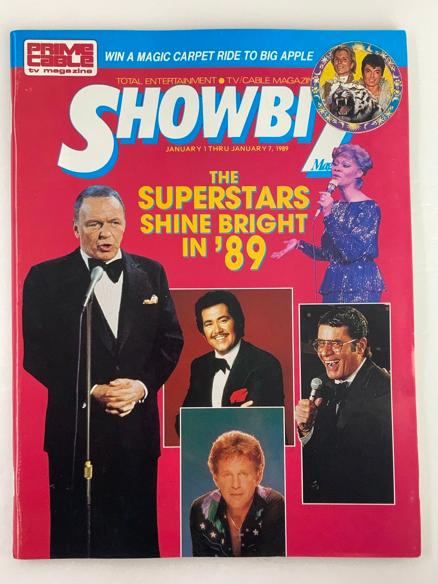 Cover of VTG Showbiz Magazine January 1 1989 titled 'The Superstars Shine Bright in '89'. Features famous entertainers including Frank Sinatra, captured in vibrant colors. A nostalgic piece for vintage magazine collectors.