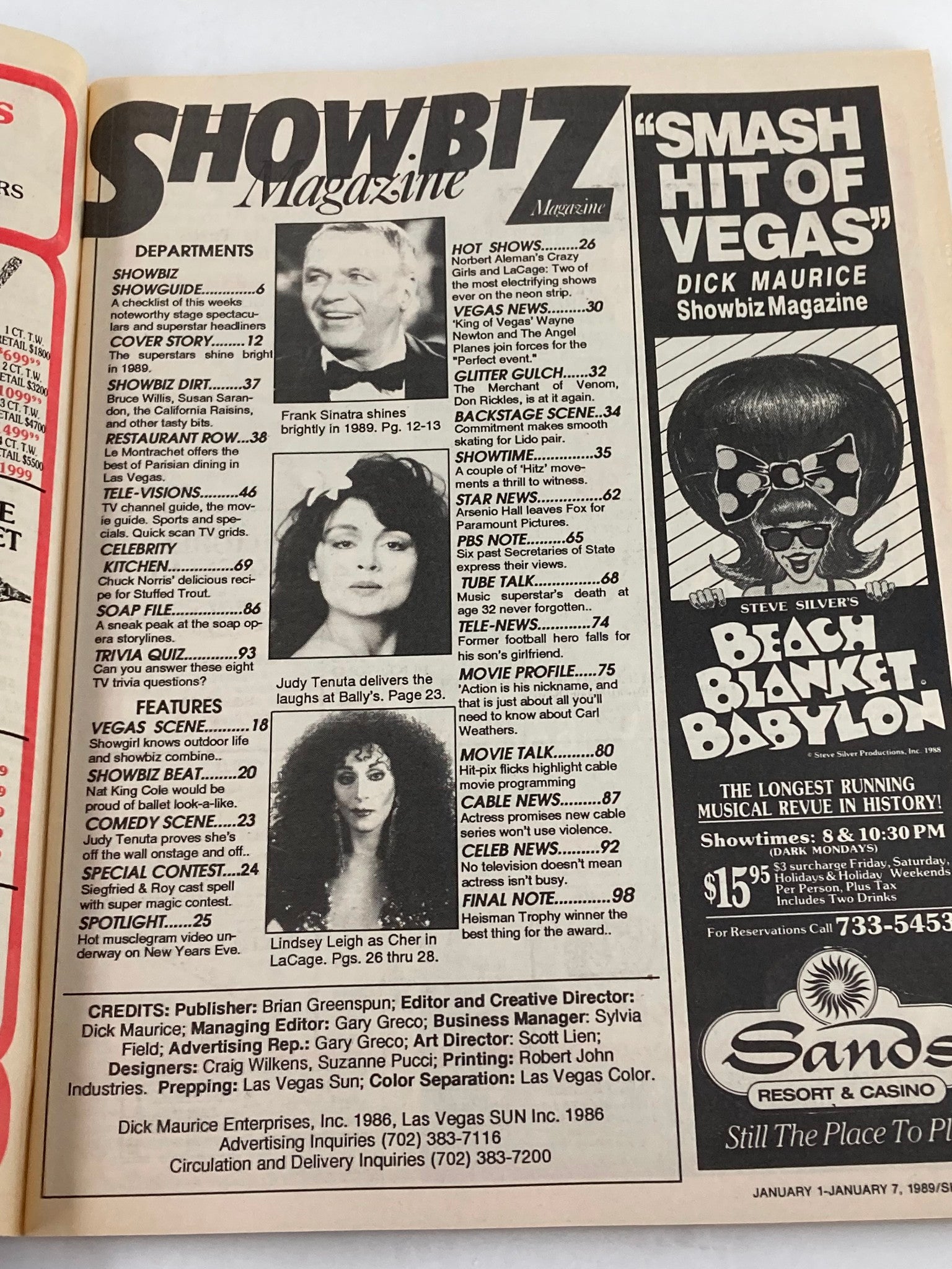 Inside page of VTG Showbiz Magazine January 1 1989 showcasing the contents and features of the magazine. Displays articles about major stars and pop culture events from 1989, perfect for enthusiasts of vintage entertainment.