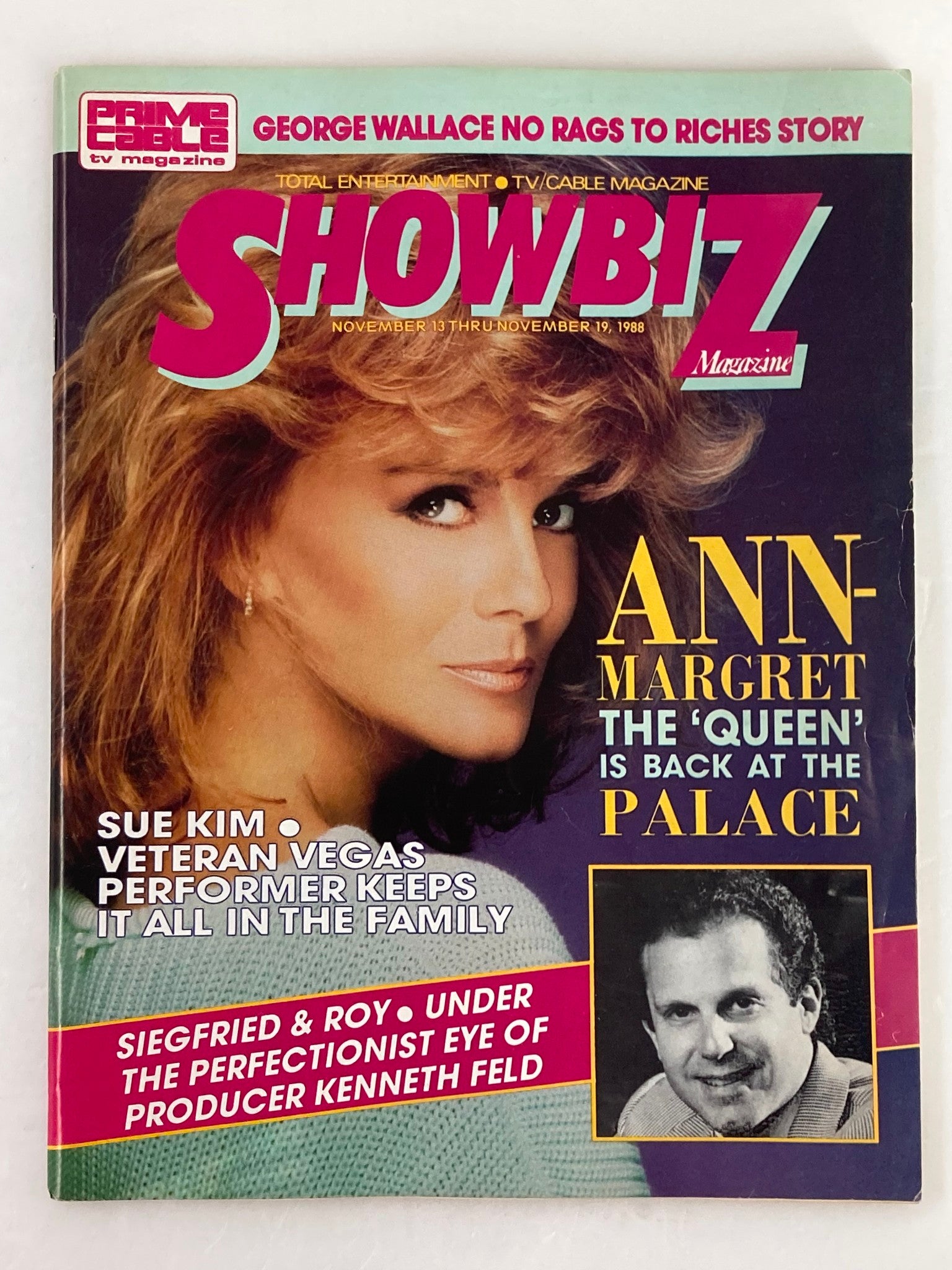 Cover of VTG Showbiz Magazine dated November 13, 1988, featuring Ann Margret and Sue Kim, highlighting entertainment stories of the late '80s.