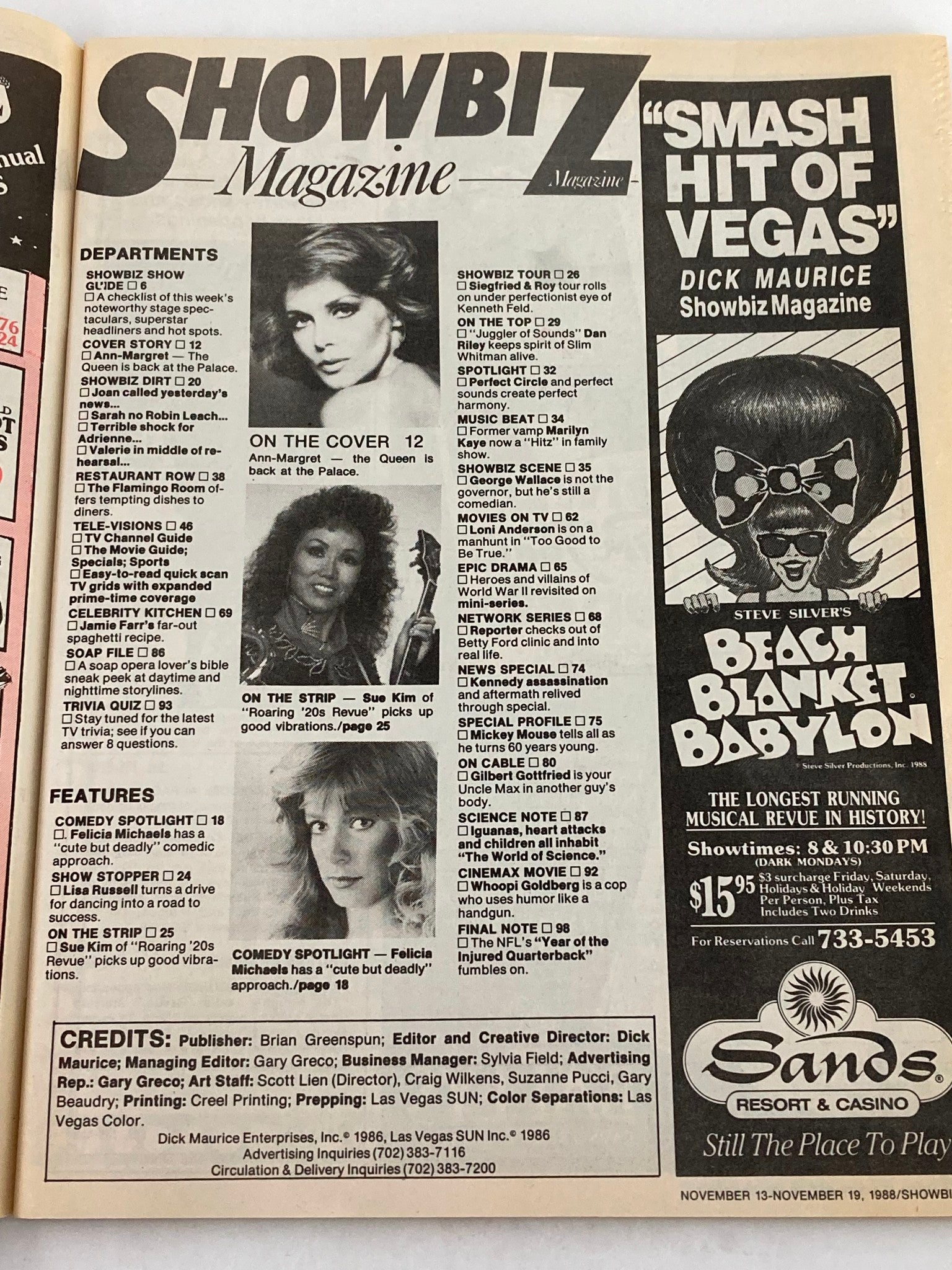 Inside page of VTG Showbiz Magazine November 13, 1988, displaying contents and features including Ann Margret on the cover and Sue Kim's profile.