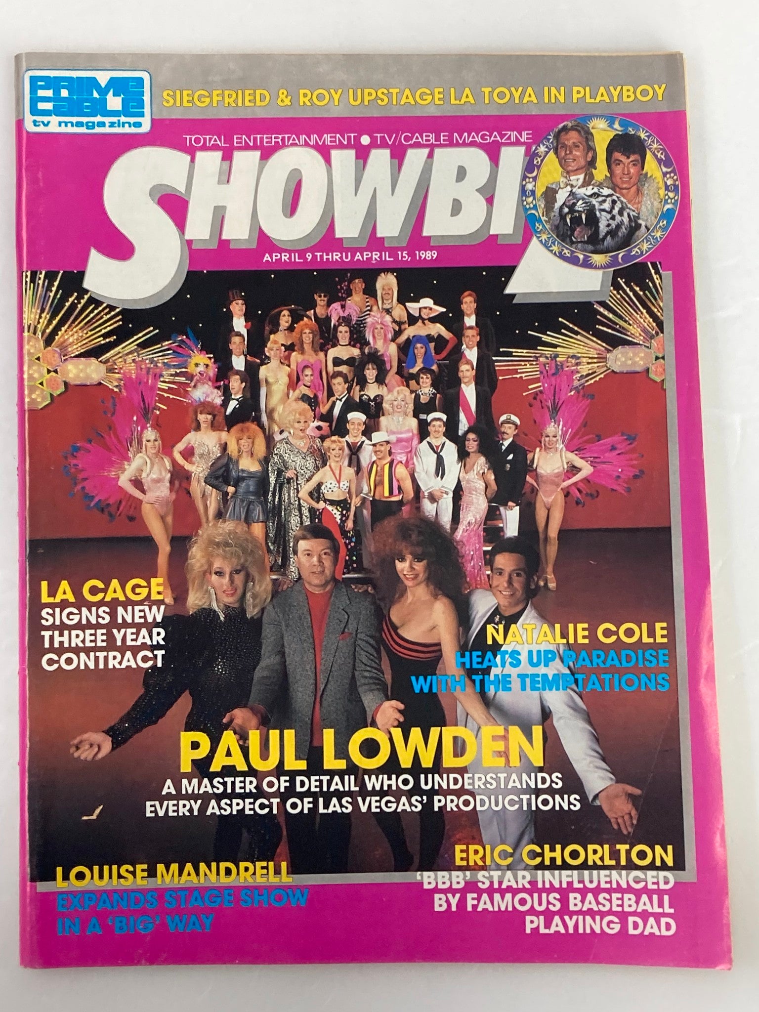 VTG Showbiz Magazine April 9 1989 featuring Paul Lowden and Natalie Cole on the cover, showcasing colorful Las Vegas performers and advertisements from the late 80s entertainment era.