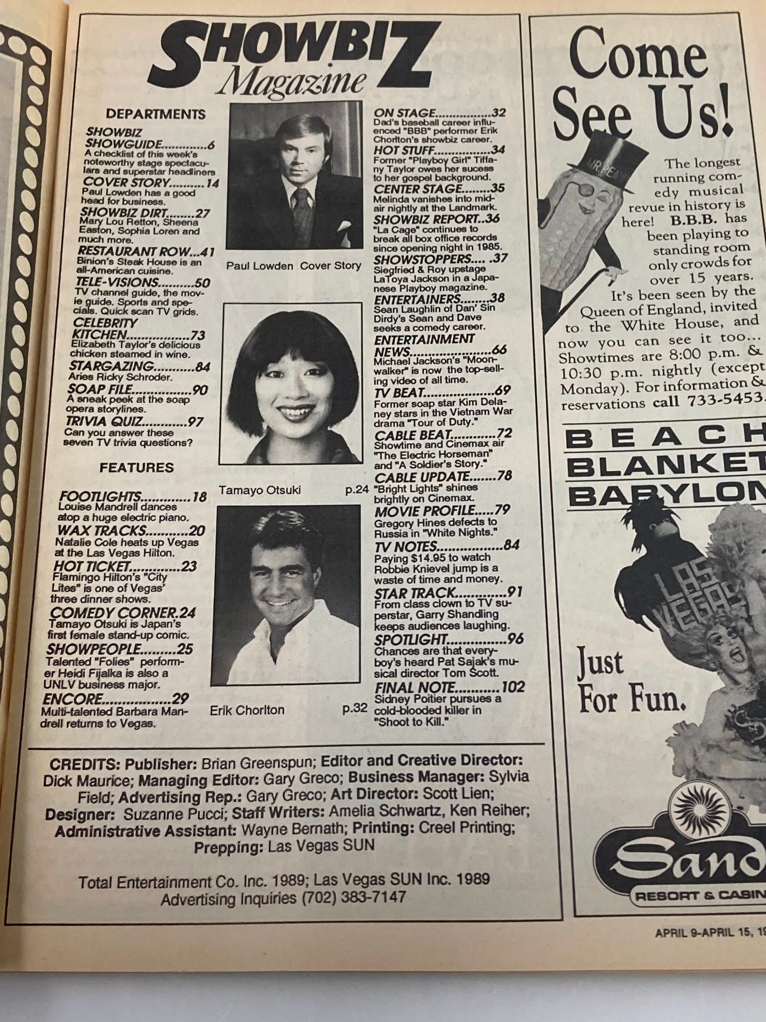 Showbiz Magazine April 9 1989 featuring Paul Lowden on the cover, showcasing entertainment industry highlights and star profiles, including Tamayo Otsuki and Erik Chorlton.