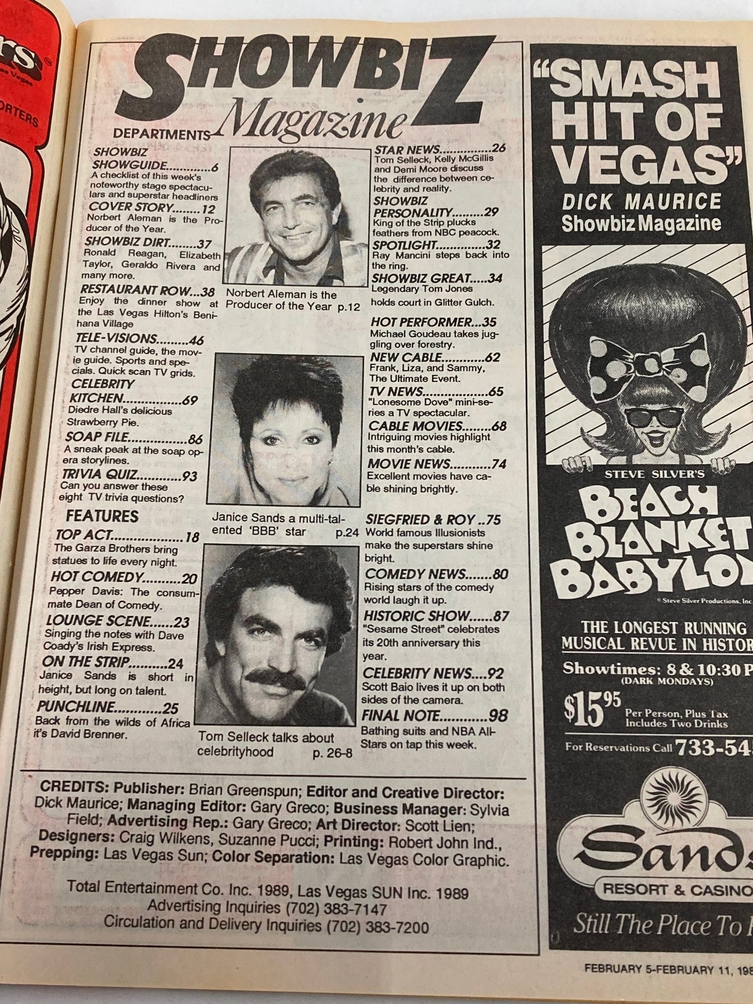 Inside page of VTG Showbiz Magazine February 5 1989 featuring a table of contents with highlights on Norbert Aleman, Siegfried & Roy, and entertainment news.