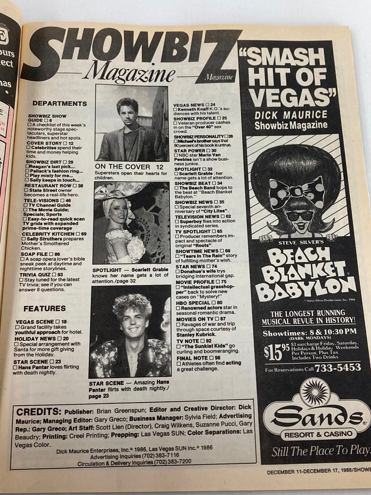 Inside page of VTG Showbiz Magazine December 11 1988 with featured articles and sections highlighting Hans Pantar and Scarlett Grable, illustrating the magazine's focus on entertainment news and stars.
