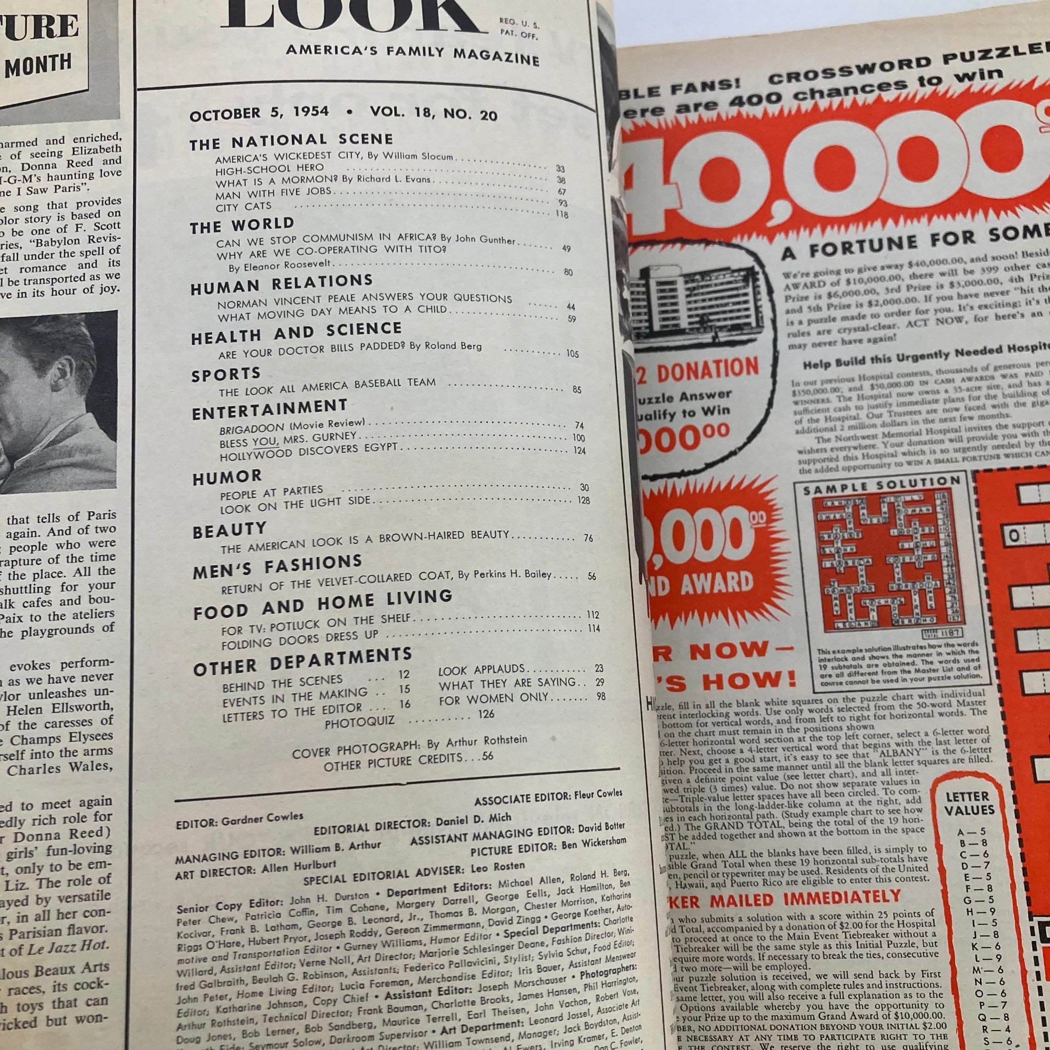 Inside pages of VTG Look Magazine October 5, 1954, showcasing the contents including a feature on 'Are Your Doctor Bills Padded?' and various section titles.