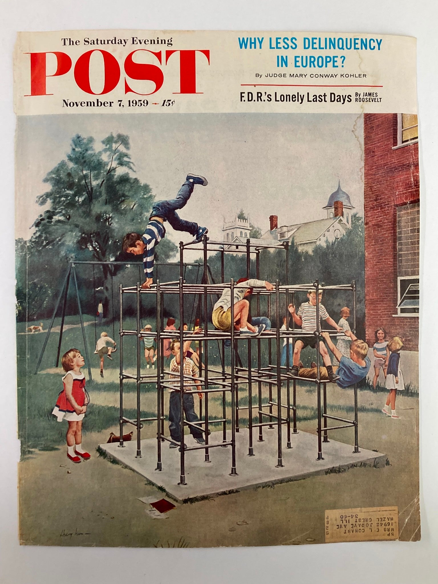 COVER ONLY The Saturday Evening Post November 7 1959 FDR's Lonely Last Days