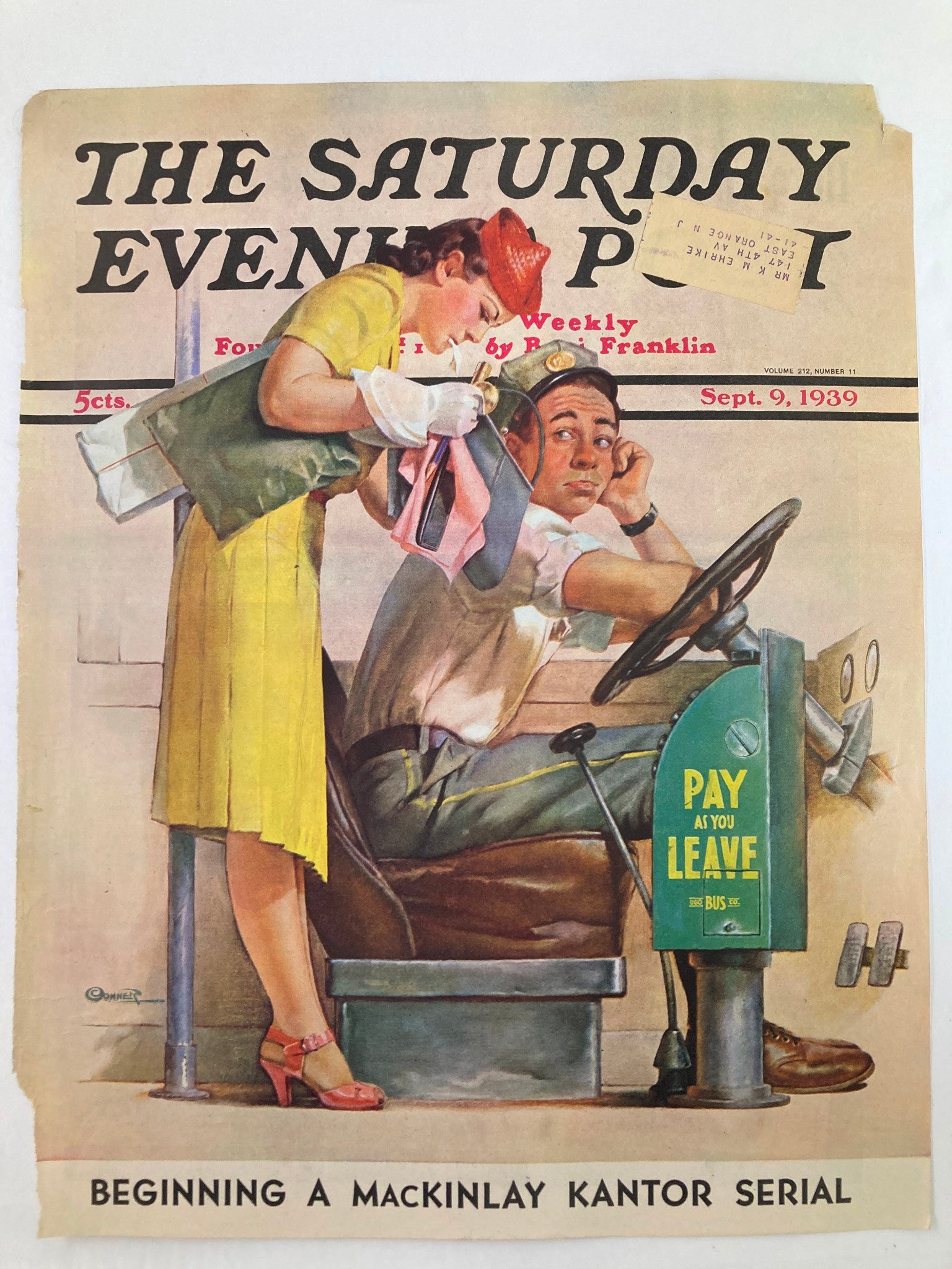 COVER ONLY The Saturday Evening Post September 9 1939 A MacKinlay Kantor Serial