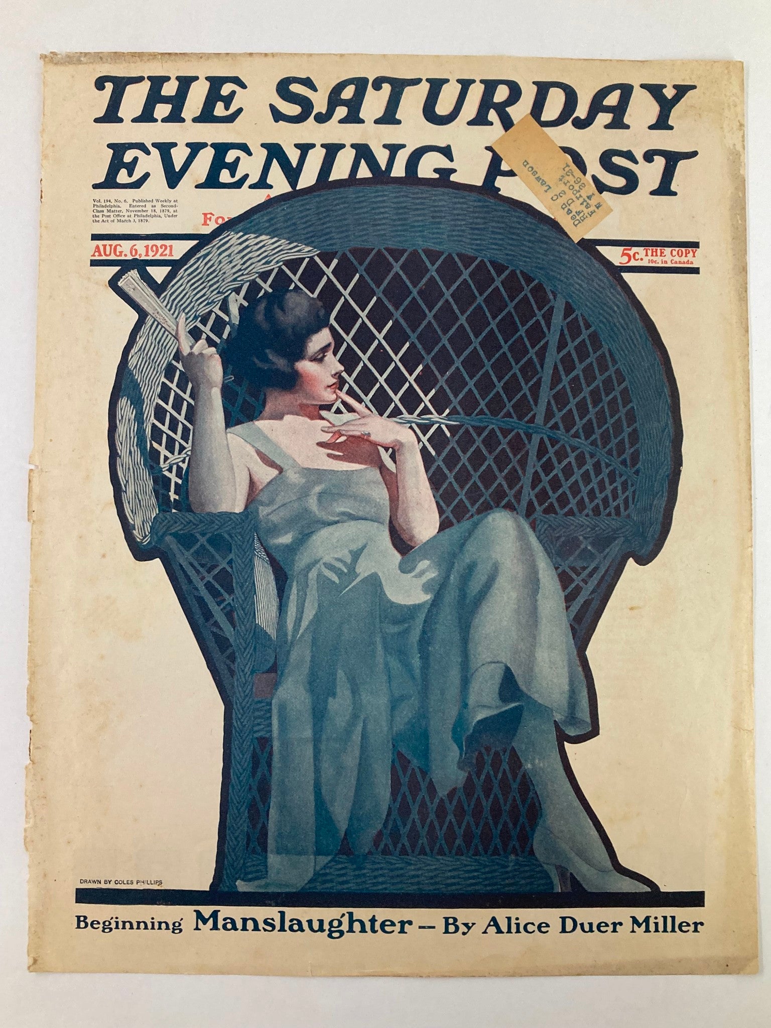 Cover of The Saturday Evening Post from August 6, 1921, showing a poised woman seated in a wicker chair, highlighting the title 'Beginning Manslaughter - By Alice Duer Miller'.